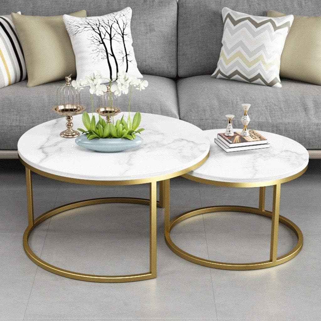 Home Décor Furniture Leisure Nesting Coffee End Tables Marble Modern Furniture Decor Side Table for Living Room Balcony Home and Office, Gold and White Living Room or Lounge