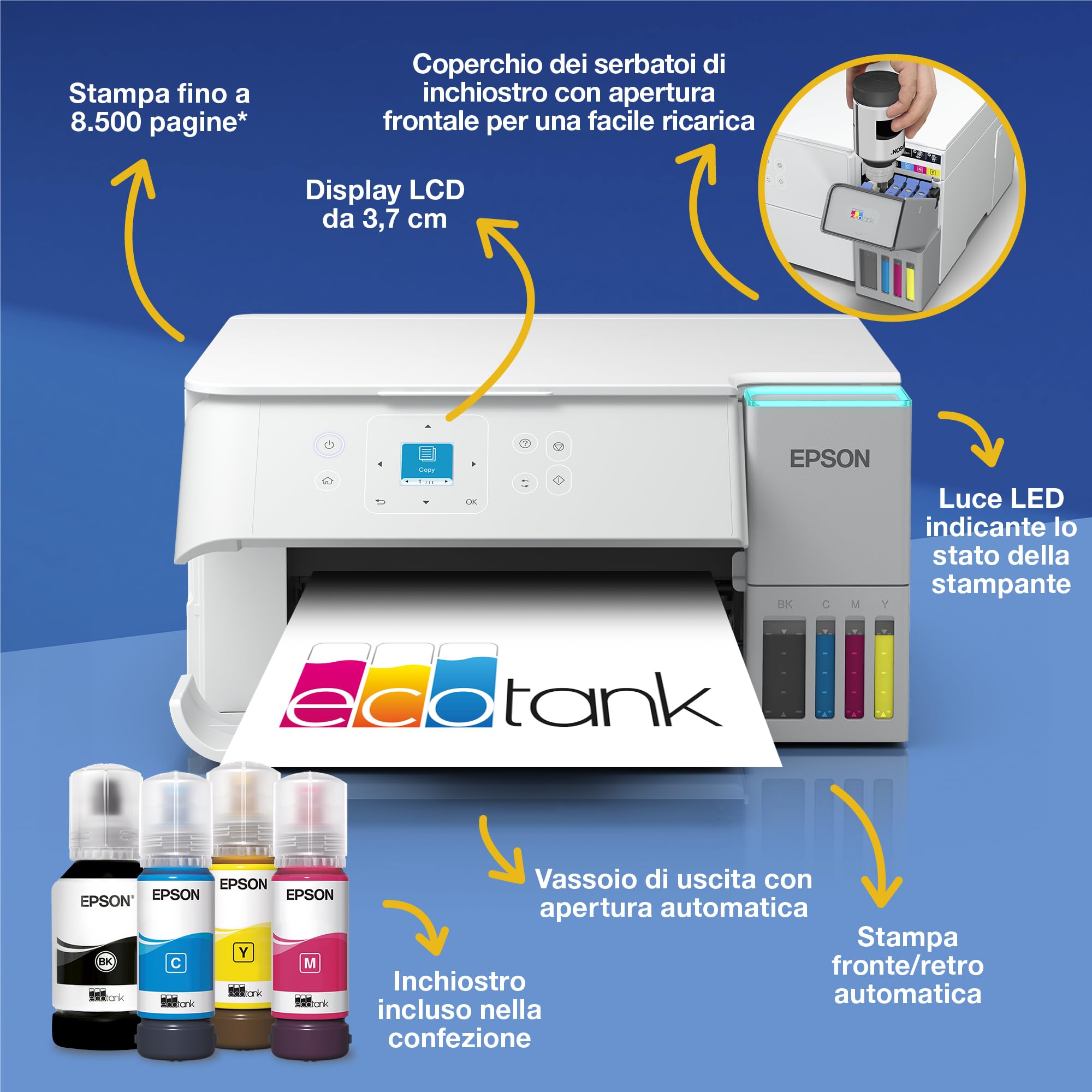 Epson EcoTank ET-2959 Stampante A4 Wi-Fi Stampa Copia Scansione Fronte/Retro LCD 3.7 cm 3 Anni Inchiostro