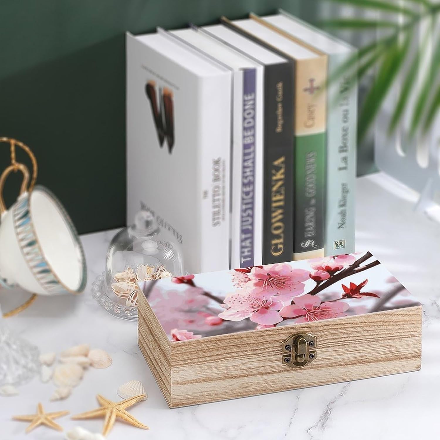 Plum Blossom Memory Jewelry Wooden Box, Large Wooden Treasure Chest Boxes with Hinged Lid, Photos Storage Case for Women Men, Wooden Keepsake Box, 7.9'' X 3.9'' X2.3''