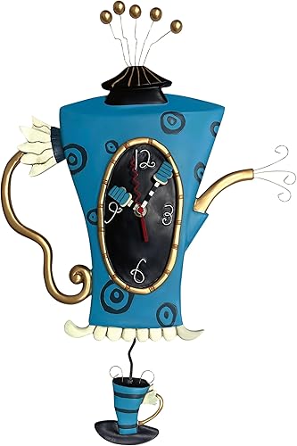 Allen Designs Enesco Cozy Time - Tetera de vapor con taza de té con péndulo esculpido, reloj de pared, 20 pulgadas, multicolor