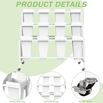 VGMiu Flower Display Stand with 12 Buckets, Flower Cart 3 Layers White Metal Flower Bar Stand with Wheels, Moving Florist Bouquet Shelf for Weddings Florist Indoor Outdoor Patio Garden Living Room