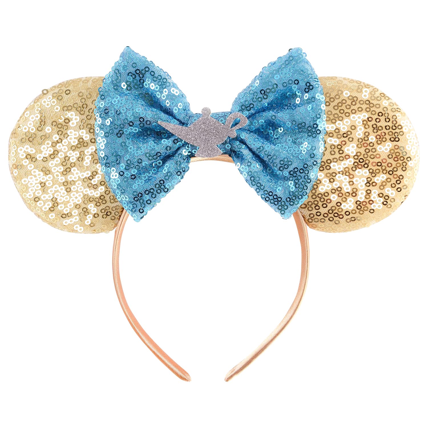 Seamoy Rose Gold Minnie Ears Headband, Princess Jasmine Sparkle Iridescent Silver Gold Blue Mouse Ears Headband for Women Girls