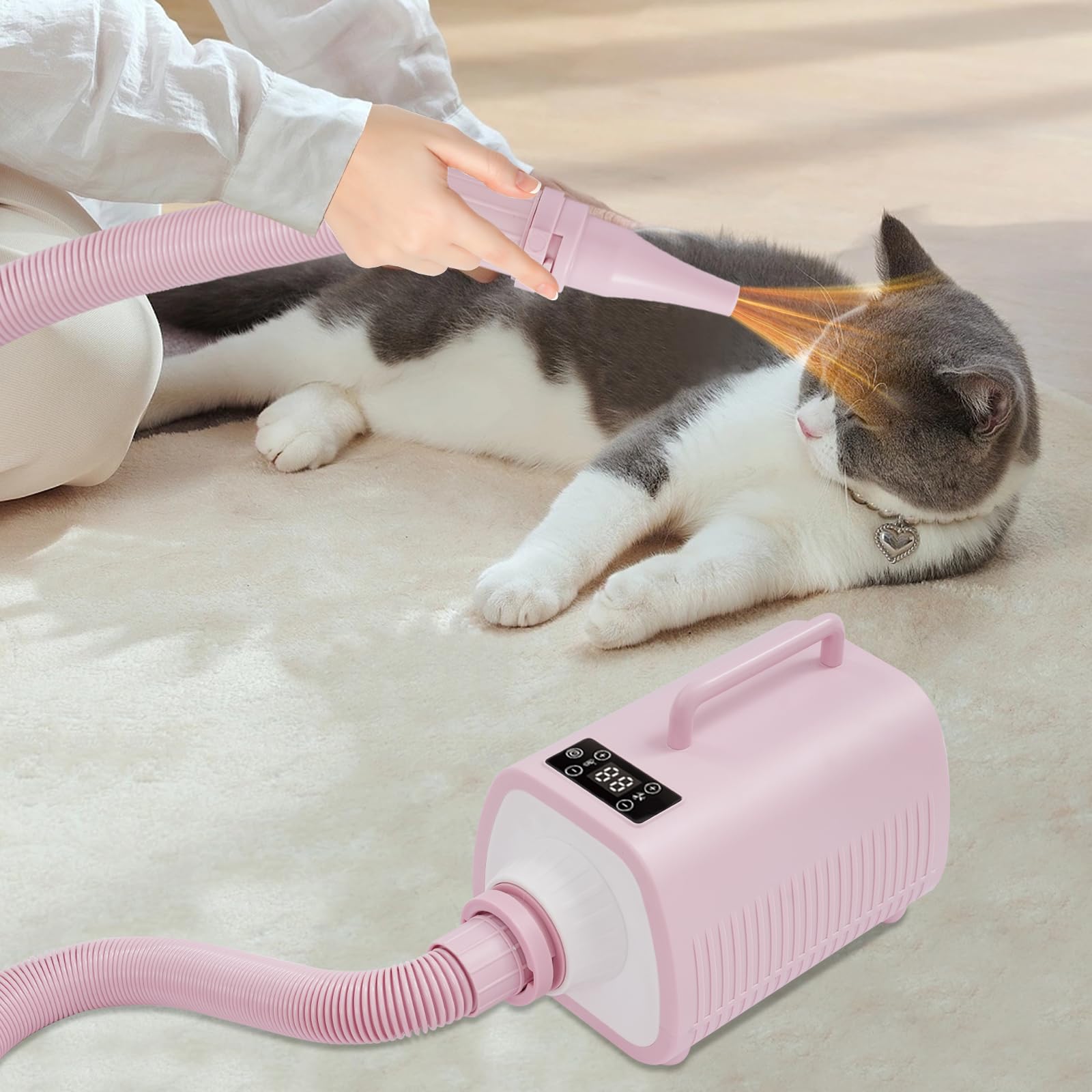 2100W Hundefön Blower mit Einstellbarer Geschwindigkeit und Temperatur, Hundepflege-Trockner-Gebläse mit 3 Verschiedenen Düsen und 2M Elastischem Schlauch, Hundetrockner mit LED-Touchscreen (Rosa)