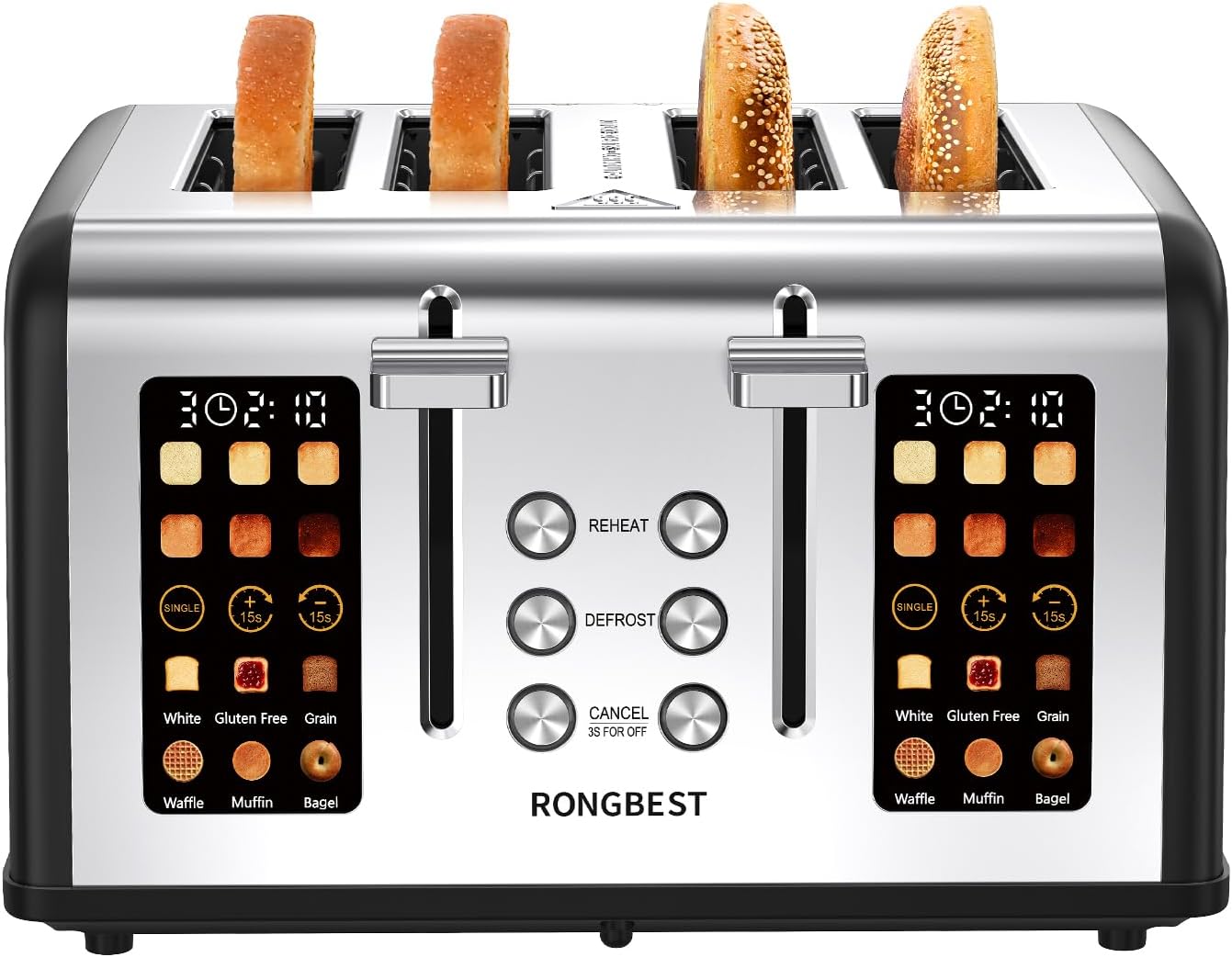 4 Slice Touch Screen Toaster Digital Stainless Steel Touchscreen with Wide Slots, Even Toasting for Bagel & Bread, Reheat Defrost, Removable Crumb Tray, Matte Black