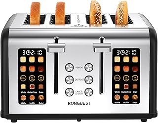 4 Slice Touch Screen Toaster, Stainless Steel Toaster with Wide Slots for Bagels and Bread, Reheat/Defrost/Cancel Functions, Removable Crumb Tray, Matt Black