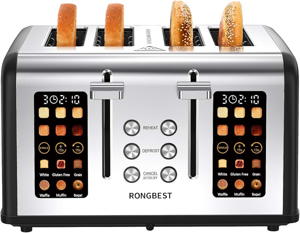 4 Slice Stainless Steel Toaster with 1.5" Wide Slots Digital Touchscreen, Even Toasting for Family Breakfast Bagel &amp; Bread, Reheat &amp; Defrost, Smart Touch Screen, Removable Crumb Tray, Matte Black
