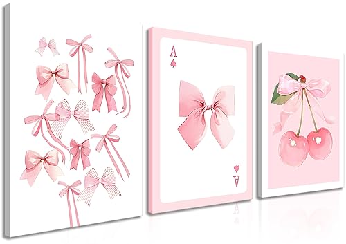 Trendy Pink Bows Canvas Wall Art Set of 3, Vintage