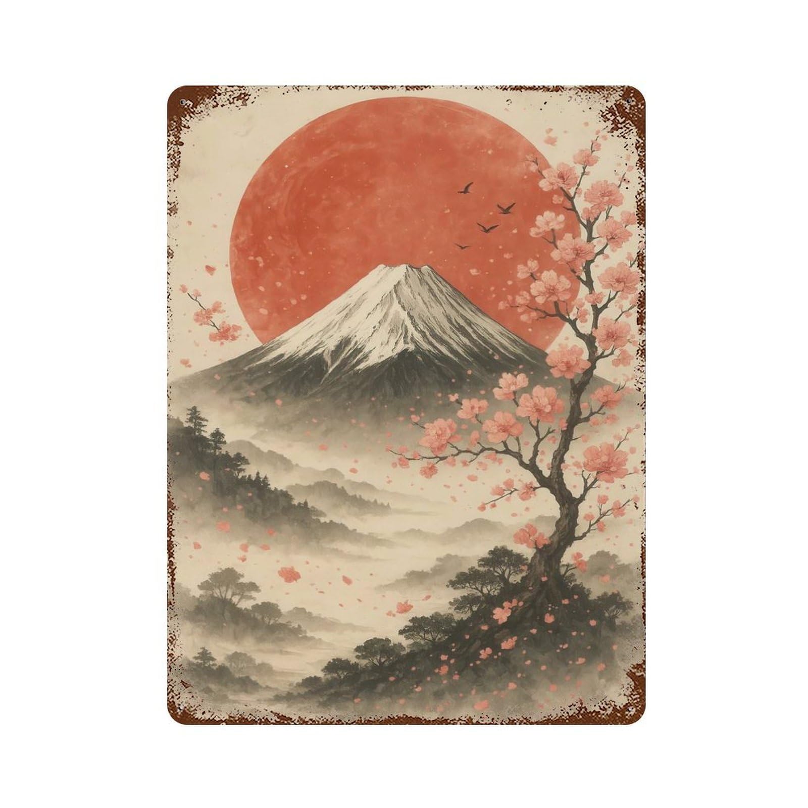 Garage Style Mount Fuji with Cherry Blossoms Rust Effect Tin Sign 15.7"x11.8", Vintage Wall Decor for Bar And Workshop