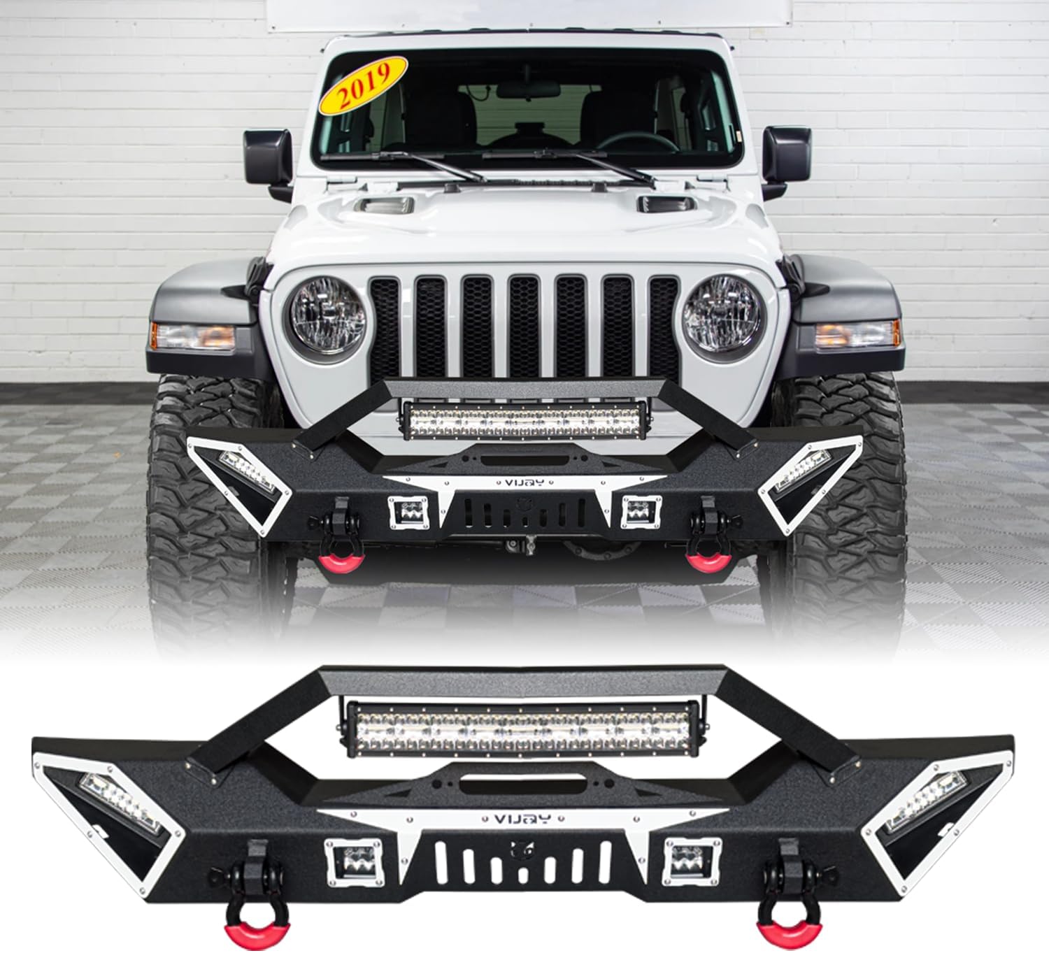 Front Bumper Upgraded Textured Black Compatible with 2007-2025 Jeep Wrangler JK JKU JL and 2020-2024 Jeep Gladiator JT w/Winch Plate & D-Rings & LED Lights