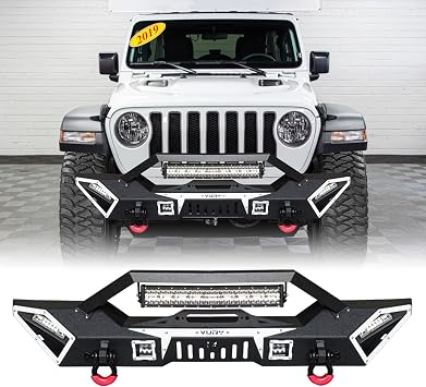 Front Bumper Upgraded Textured Black Compatible with 2007-2025 Jeep Wrangler JK JKU JL and 2020-2024 Jeep Gladiator JT w/Winch Plate & D-Rings & LED Lights