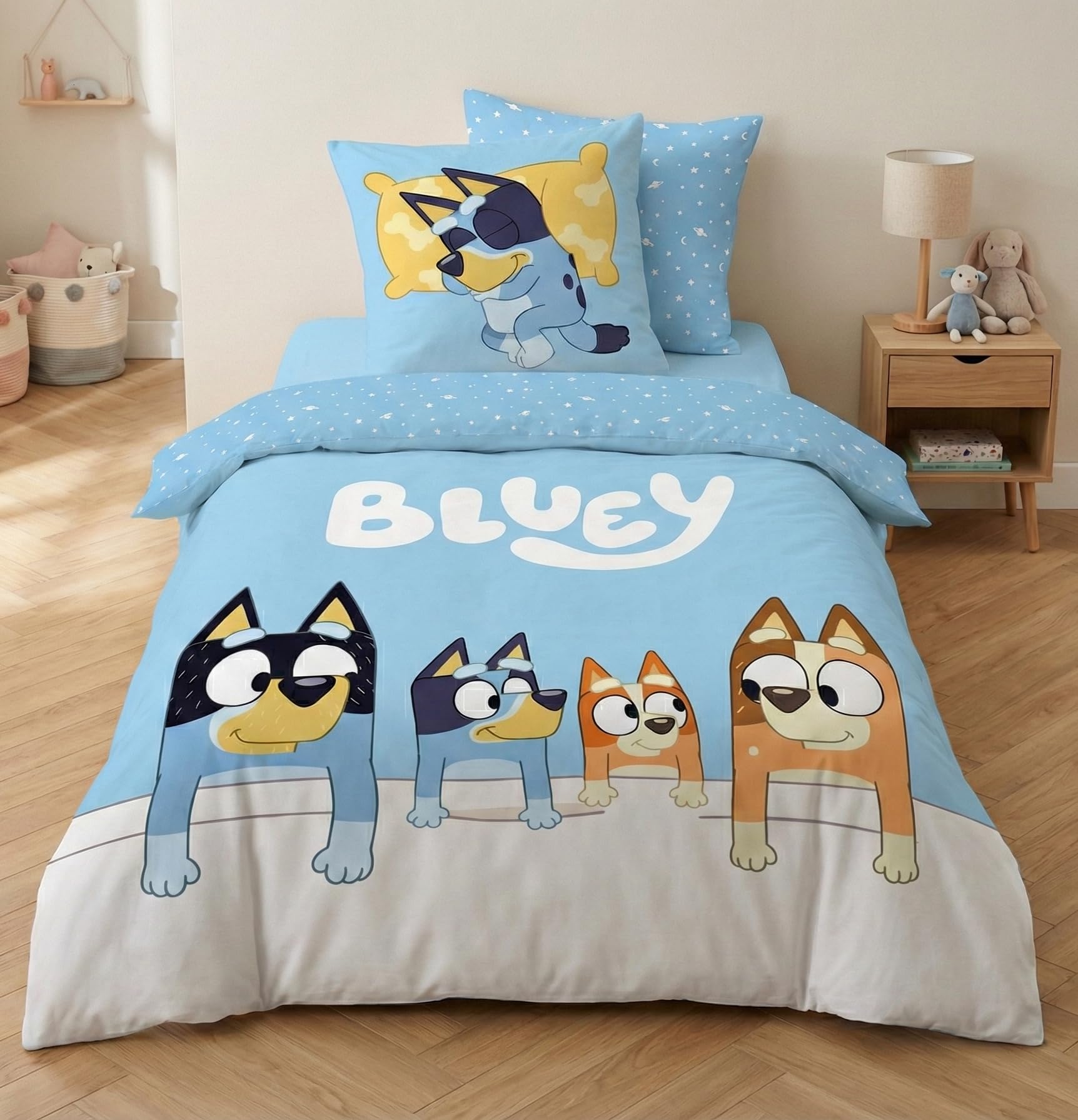 Aymax Multicolor Bluey Family Reversible Bedding Set, Single Duvet Cover 140 X 200 Cm + Pillowcase 65 X 65 Cm, Polycotton
