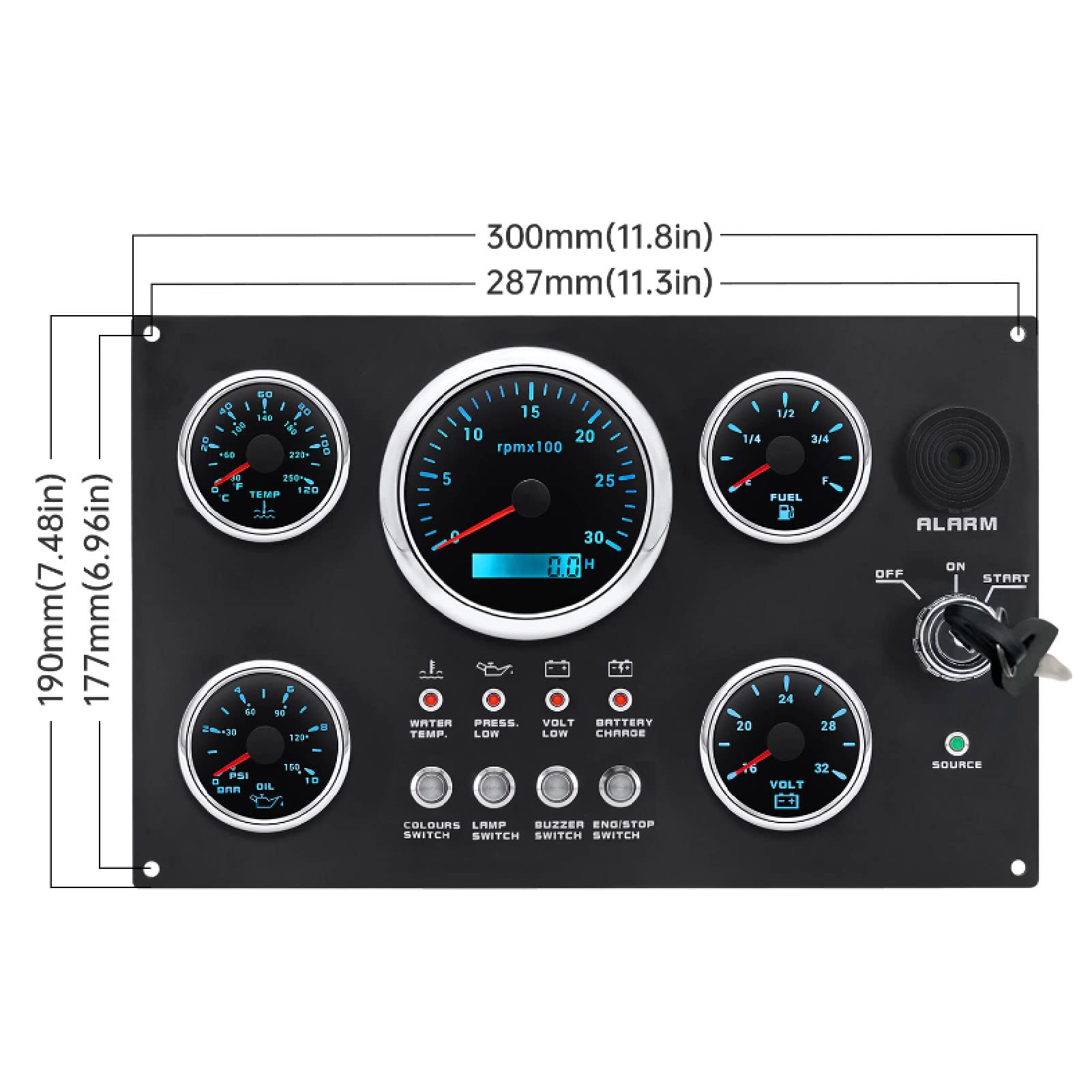 Quadro Strumenti Boat Dash, Quadro Strumenti per Barche Set di 5 Calibri da 0,0 a 99999,9H Basso Consumo Antiruggine per Yacht 12V