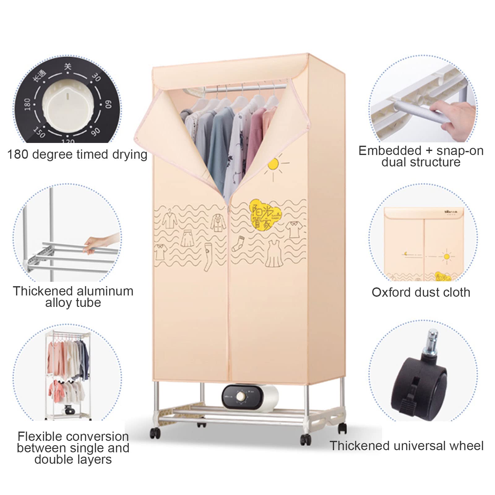 Portable Sechoir Linge Electrique Penderie Chauffante 1000W 2 Niveaux Silencieux intérieur avec minuterie Automatique vêtements Airer Chaud séchage Armoire pour Appartement Maison