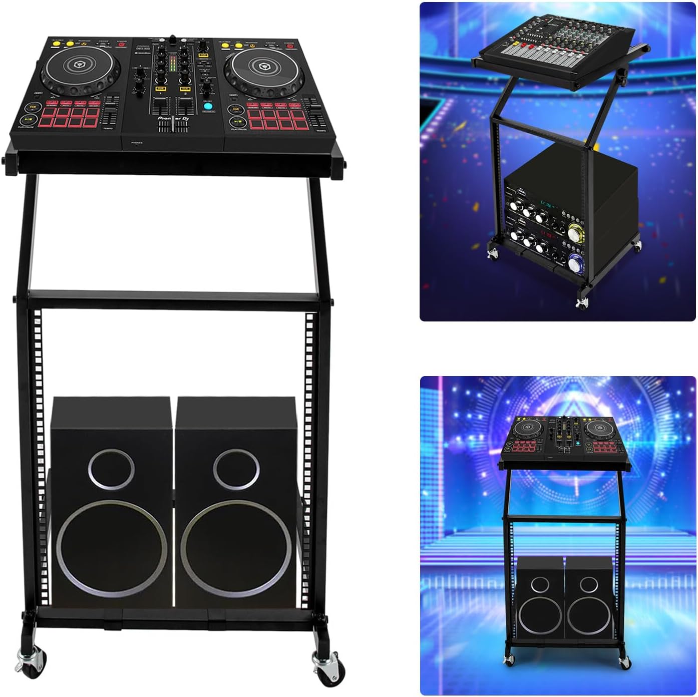 DJ Mixer Stand Adjustable Rack, 2 Layer Rack Mount Mixer Case Stand with 4 Universal Wheels Supporting Crossbars and Adjustable Angle Studio Adjustable Stage Cart for Home, Office Concert Venues Etc