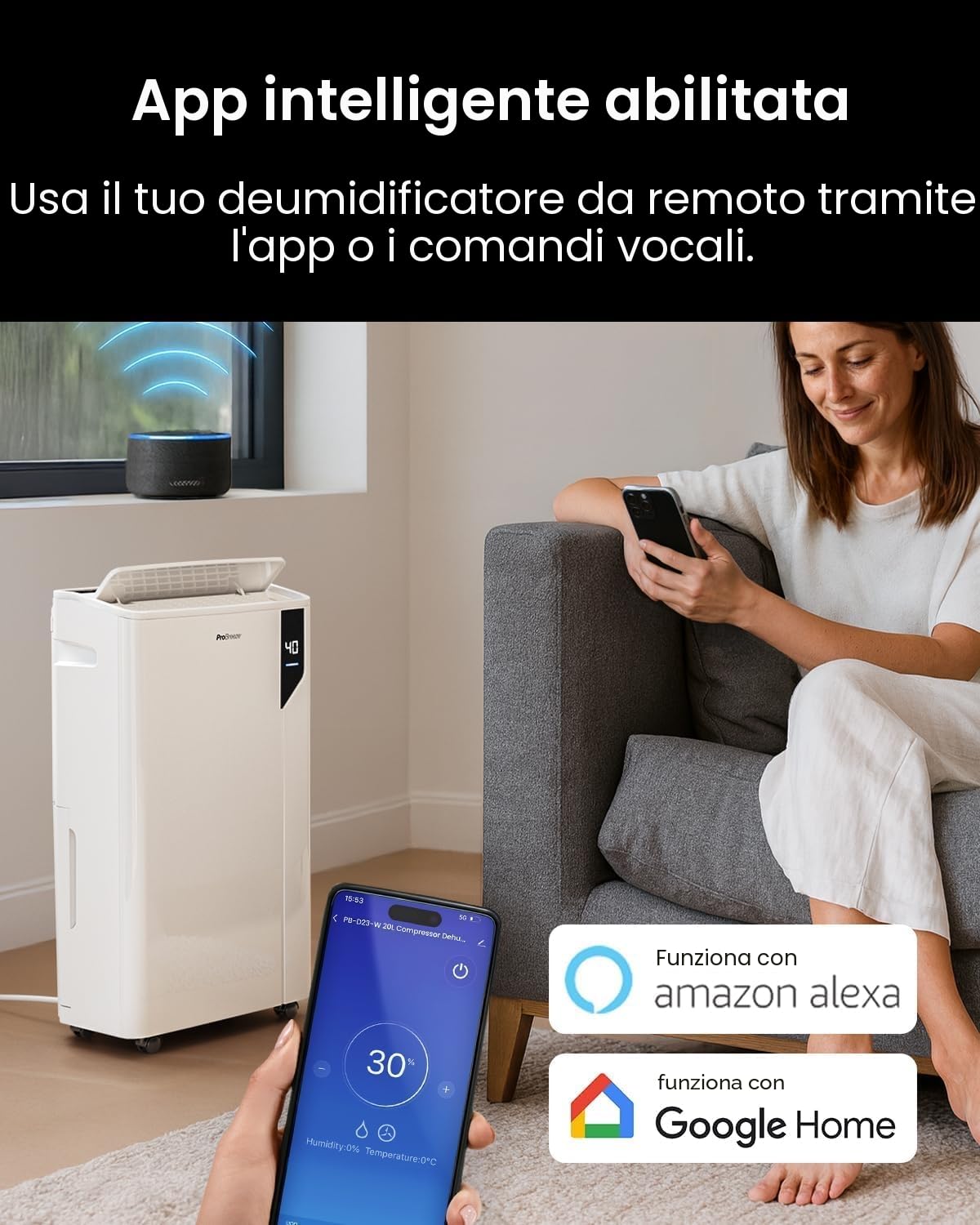 Pro Breeze® Deumidificatore Intelligente 20L/Die con Wi-Fi Sensore di Umidità Filtro a Carboni Attivi per Muffa e Umidità Modalità Bucato – per Casa Ufficio Camera da Letto