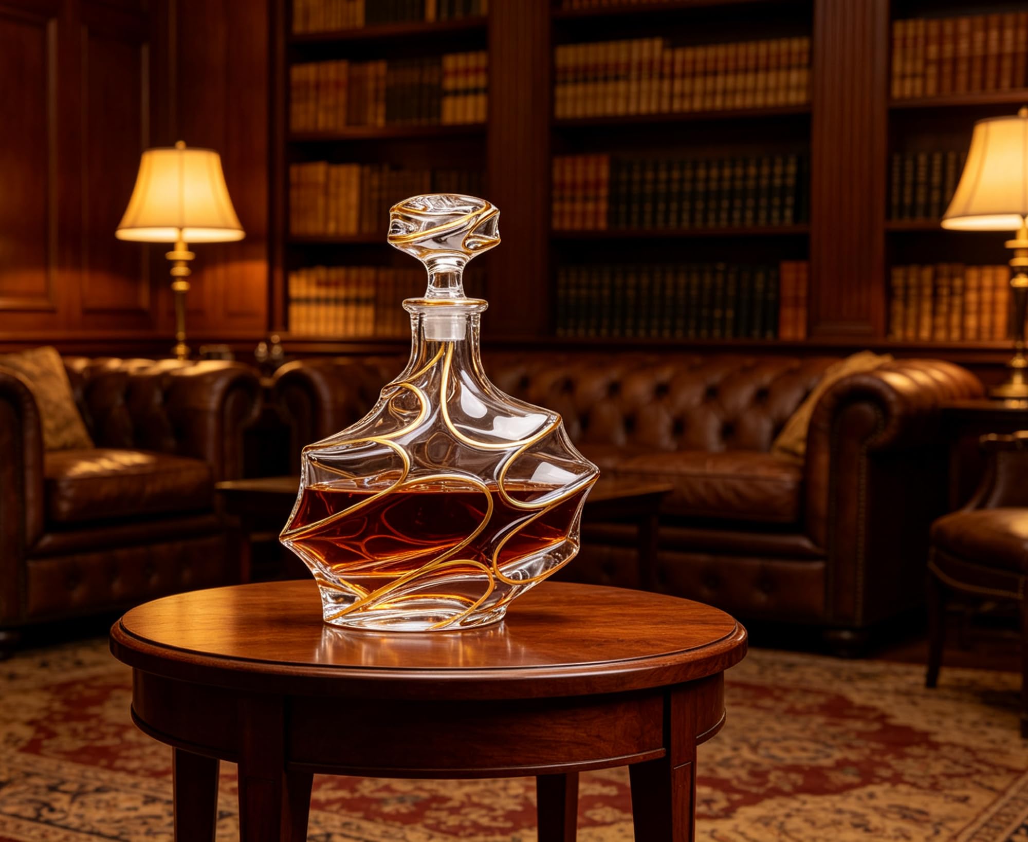 Carafe à whisky en cristal doré peinte à la main avec bouchon en verre – 750 ml élégante carafe à liqueur pour whisky, scotch, bourbon et spiritueux (carafe à décanter et 6 verres)