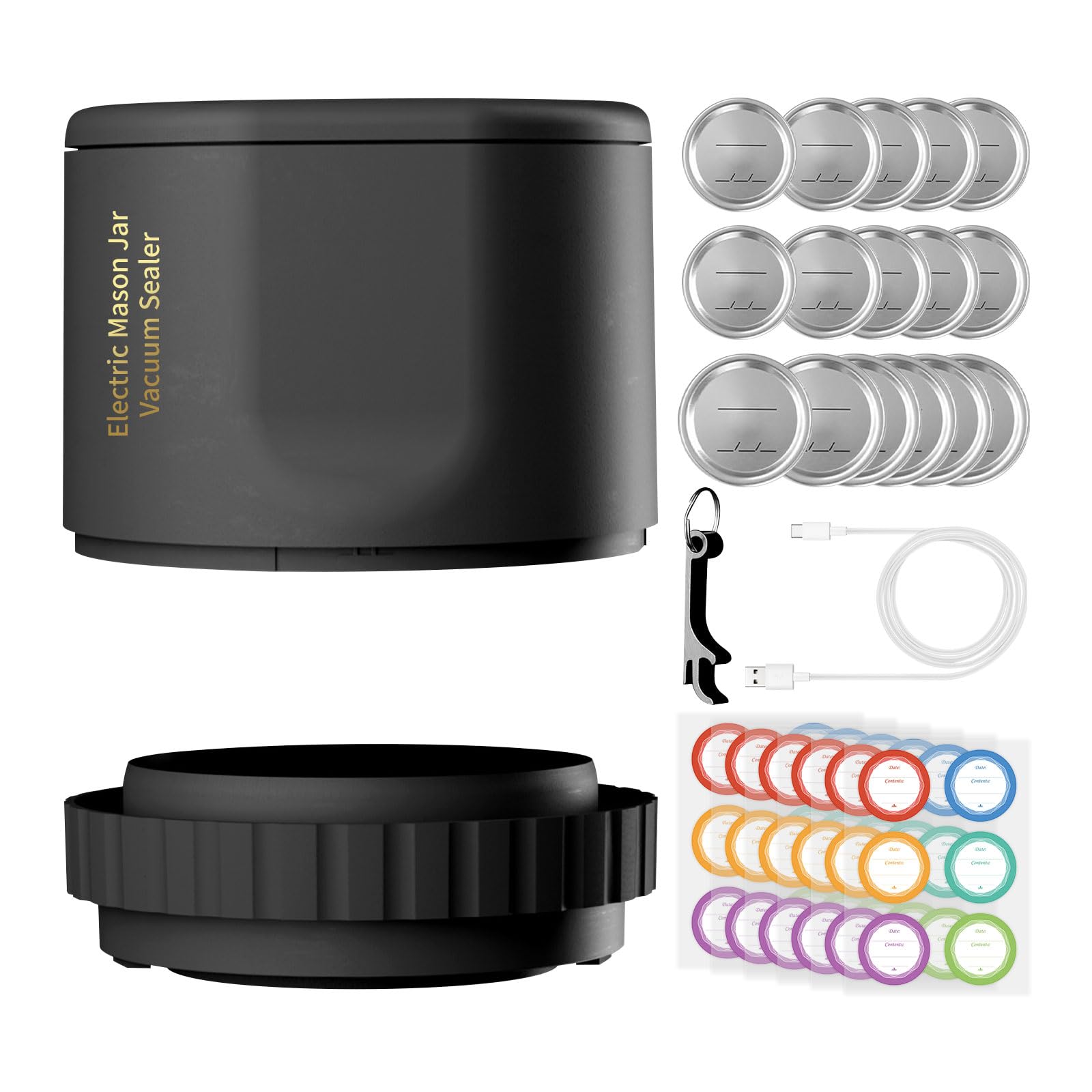 cimsfcorMason Jar Vacuum Sealer, Electric Vacuum Sealer for Mason Jars with 15 Pieces Mason Bottle Stoppers & 6 Pieces Label Paper & 1 Piece Bottle Opener, Automatic Mason Jars