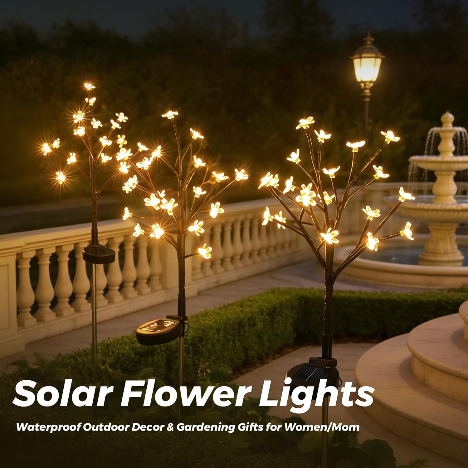 Solar Garden Lights Outdoor Garden Decor, 4 Pack Cherry Blossom Solar Flowers Outdoor Waterproof Fairy Solar Lights, Outside Yard Decorations for Patio Pathway Decor, Gardening Gifts for Women Mom