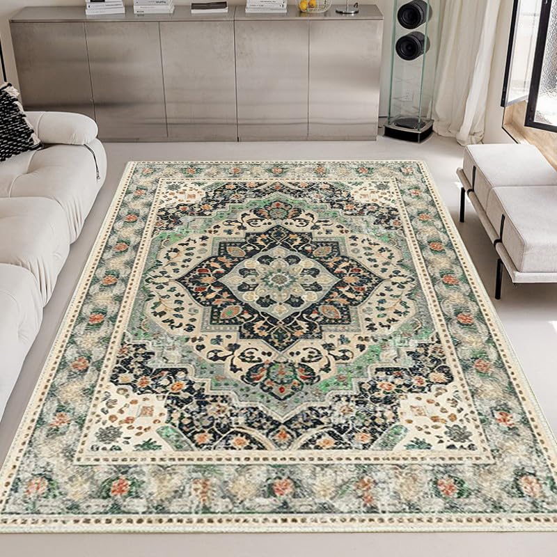 Poowe Alfombra verde floral lavable, estilo bohemio, elegante, diseño desgastado, no desprende pelusa, fácil cuidado, ideal para zonas de alto tráfico en sala de estar, dormitorio, oficina, cocina,