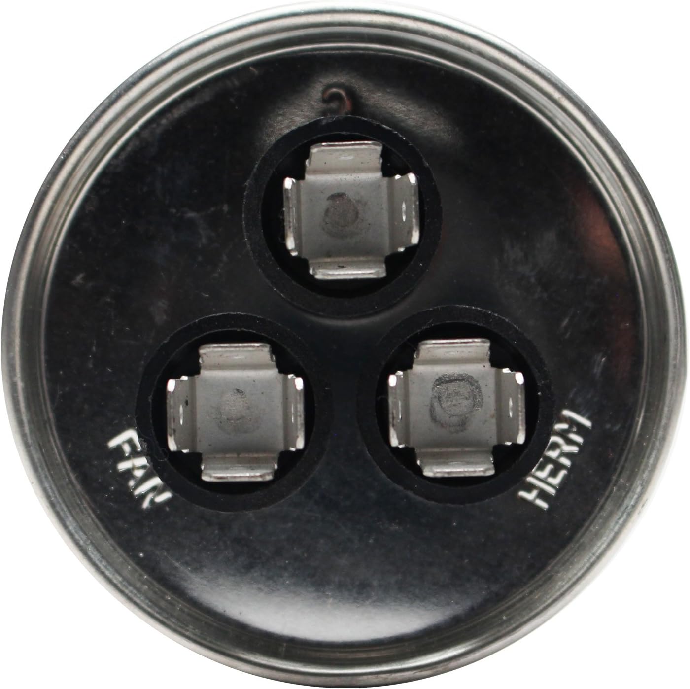 Top view of the UpStart Components 80/5 MFD 370 Volt Dual Round Run Capacitor showing the three terminals labeled Herm, Fan, and Common