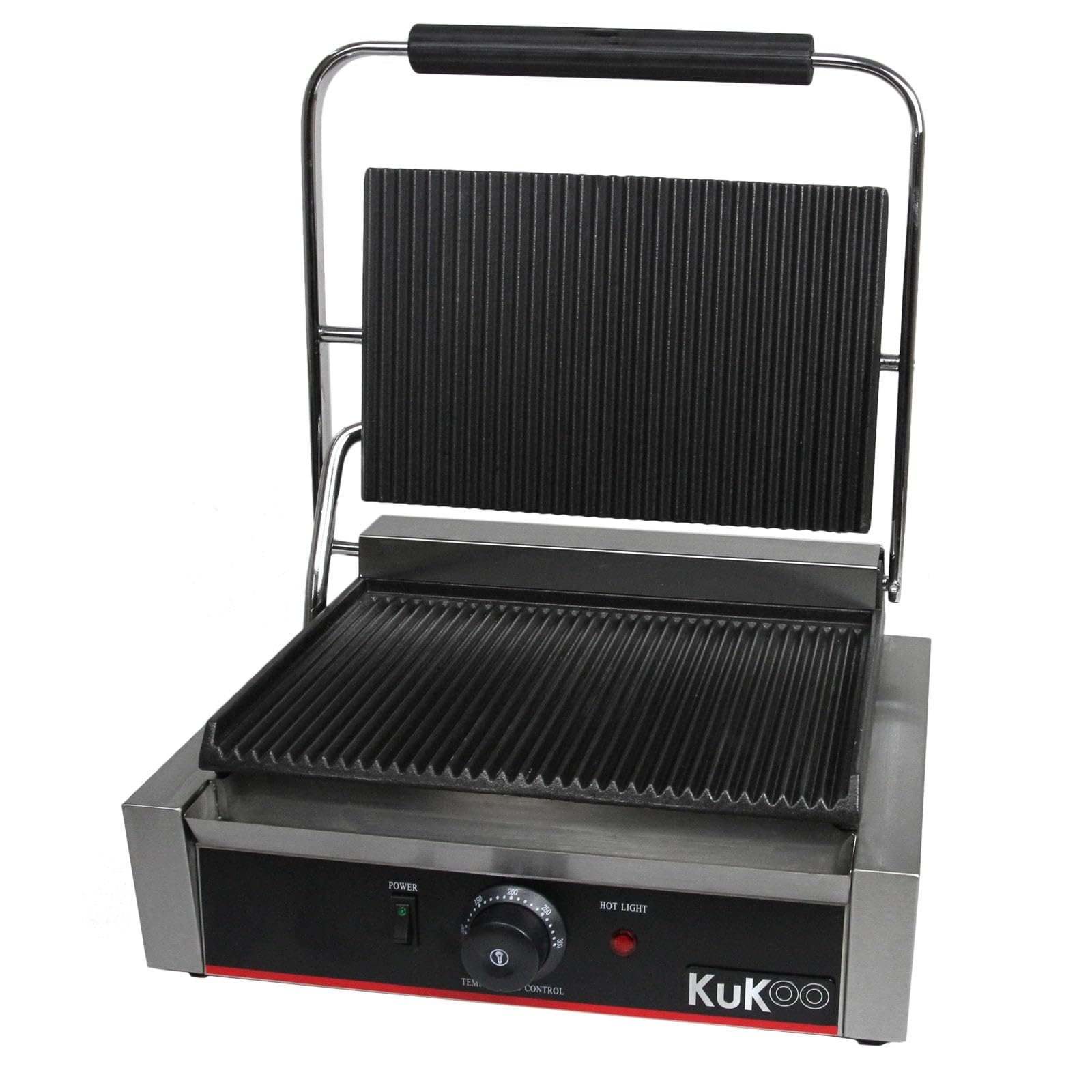 KuKoo - Piastra per Panini Professionale con Griglia Rigata, 2200W, 50-300°C, Acciaio Inox e Griglia in Ghisa per Hamburger, Sandwich con Spazzola Gratis