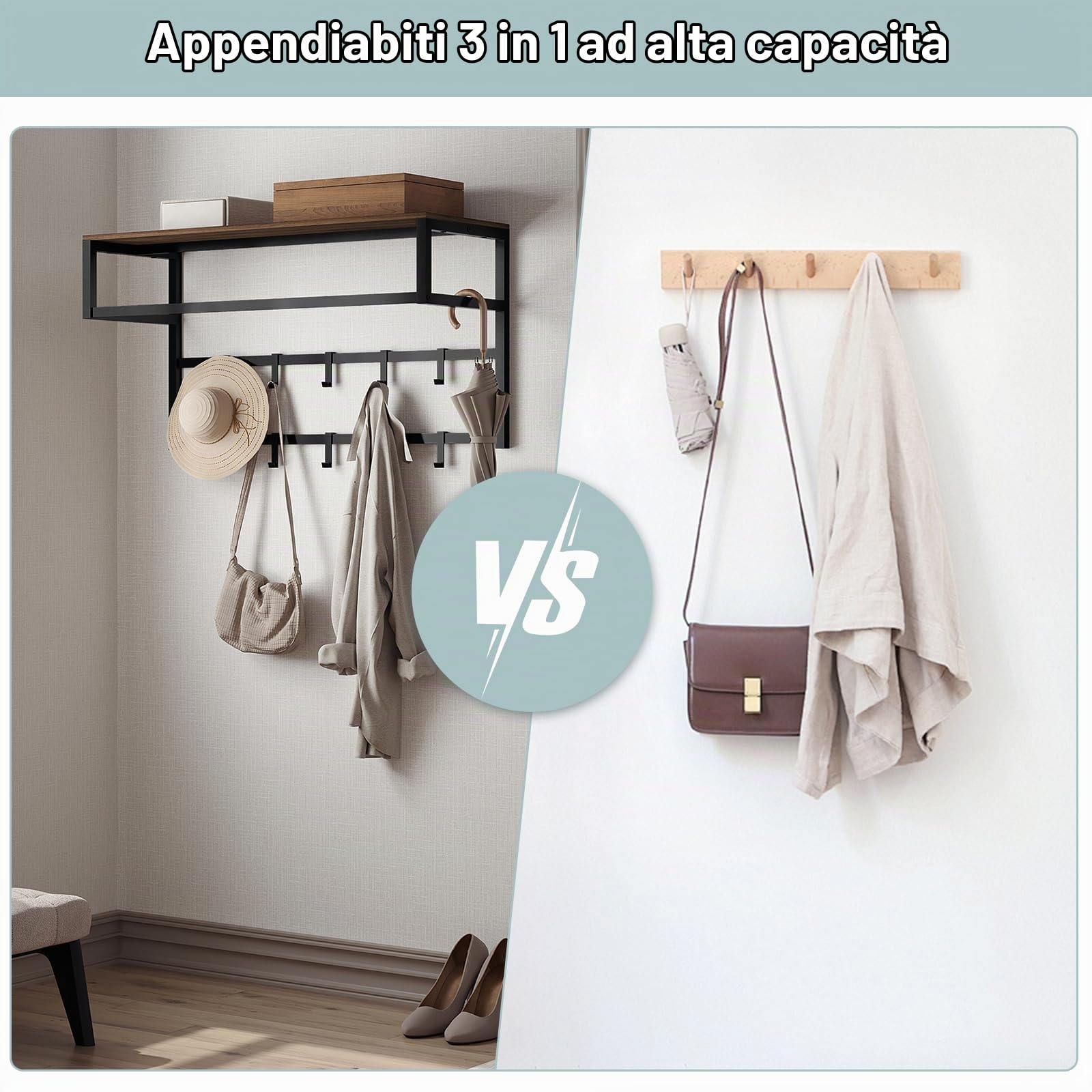 eSituro Appendiabiti Parete con Mensola, Attaccapanni da Muro con 10 Ganci, Portachiavi da Parete, Appendi Cappelli, per Ingresso, Corridoio, 80x30x41 cm, Nero+Venature Scure