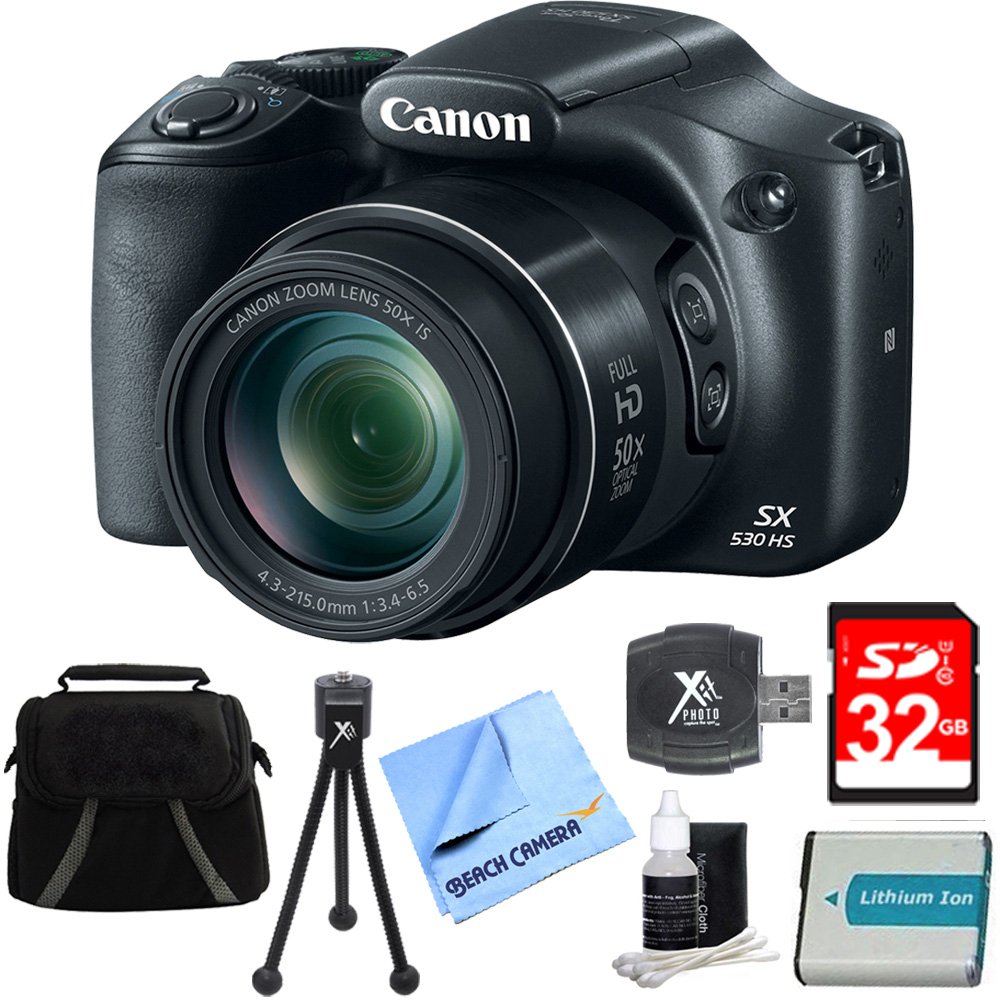 Canon Power SX530 HS 16MP 50x Opt Zoom Full HD Digital Camera Black Deluxe Bundle w/ 32GB SD Card, 1150mah Battery, Compact Deluxe Gadget Bag, 5" Flexible op Tripod, Hispeed Card Reader&More