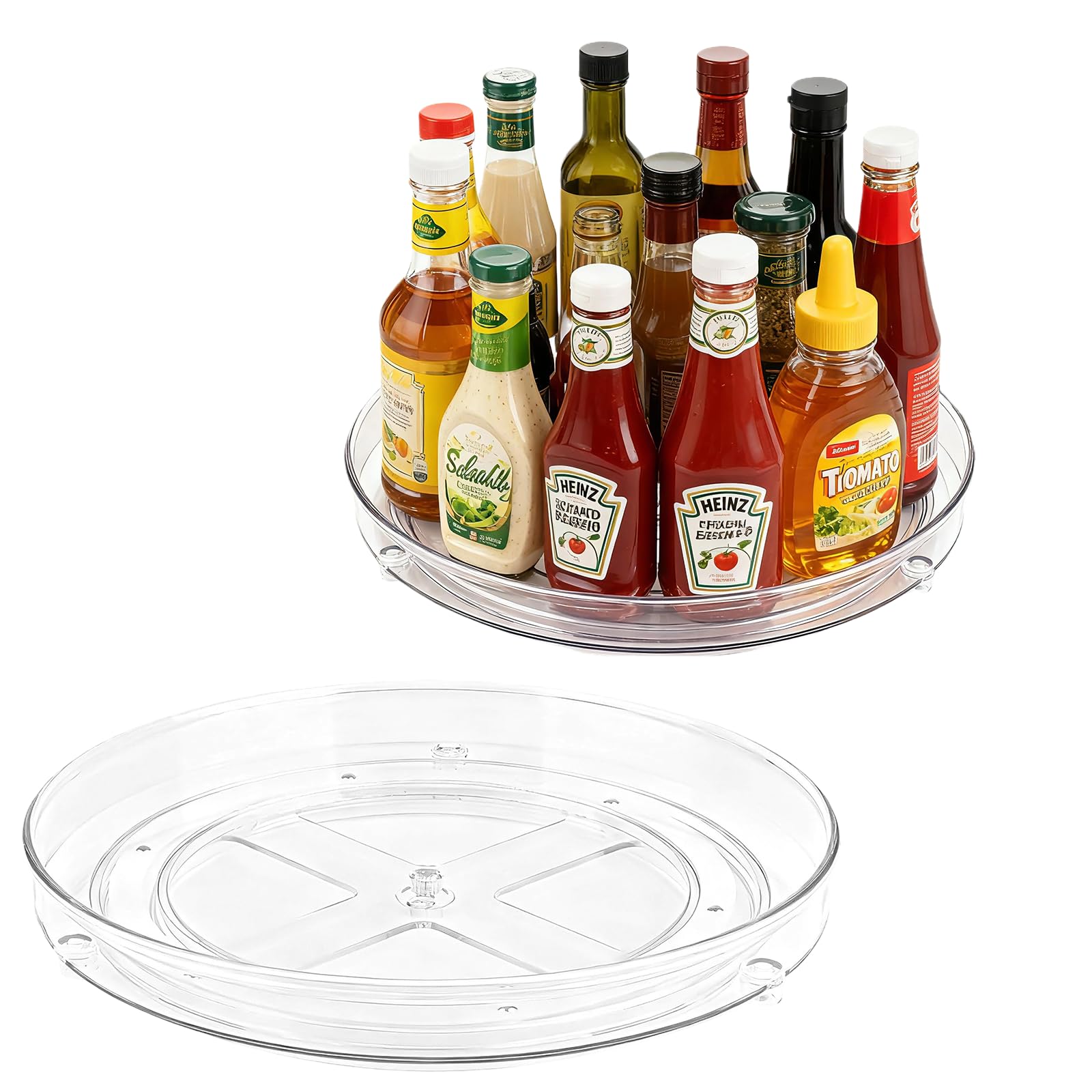 Hesusla Clear 2 Pack Lazy Susan Turntable Cupboard Organiser,360°Rotating Spice Racks For Kitchen Cabinet,Fridge And Pantry Organizer, Acrylic Revolving Condiment Holder﻿ (2 Pack 27+23.5Cm)
