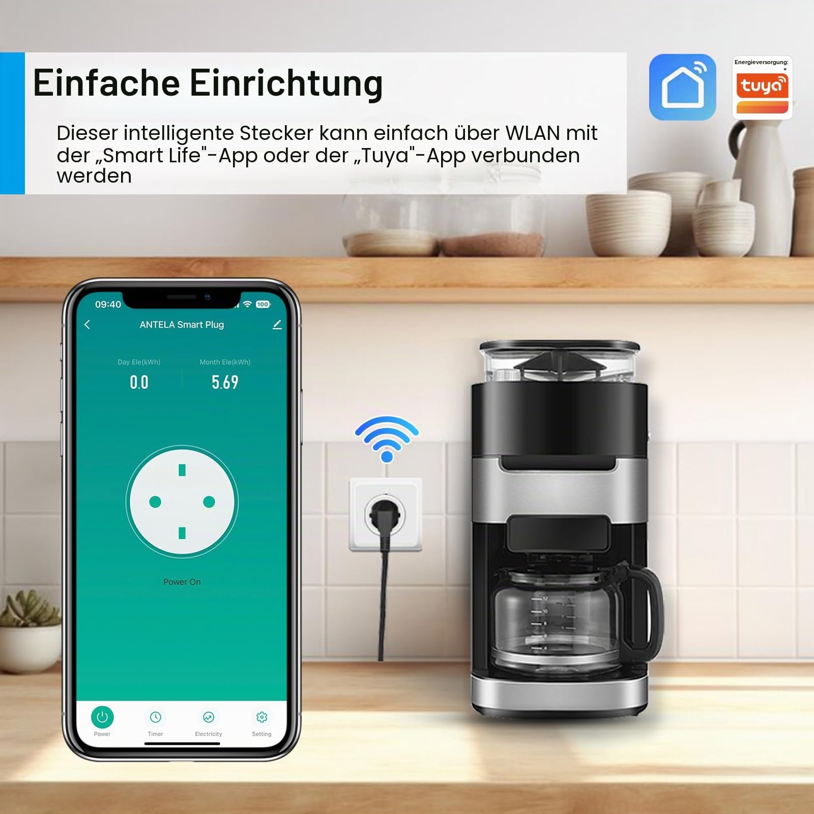 Alexa Steckdose WLAN mit Strommessung 16A ANTELA Smart Steckdose kompatibel mit Google Home, Stromverbrauch Messen, Smart Life APP, 2,4GHz, 4 PCs