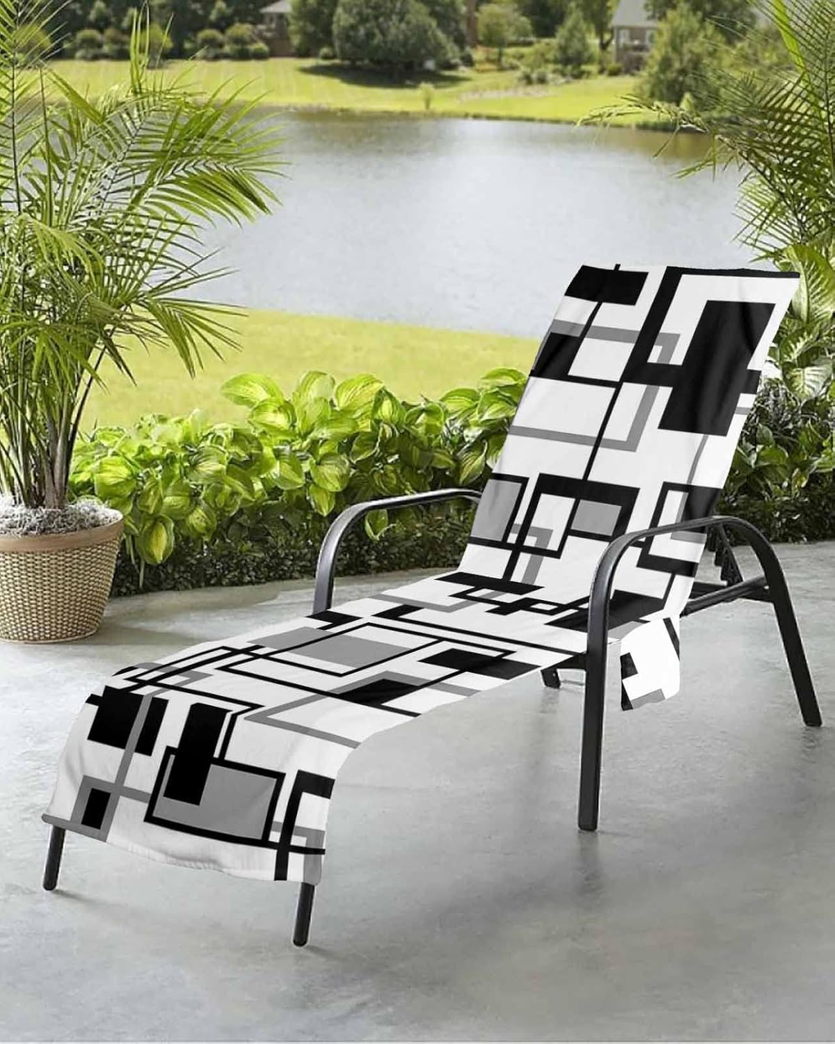 Black Grey Beach Pool Patio Lounge Chaise Chair Cover Towel With Pockets,Absorbent & Quick Dry Microfiber Towel Cover Bag Summer Accessories for Sunbathing Modern Geometric White Plaid Middle Century