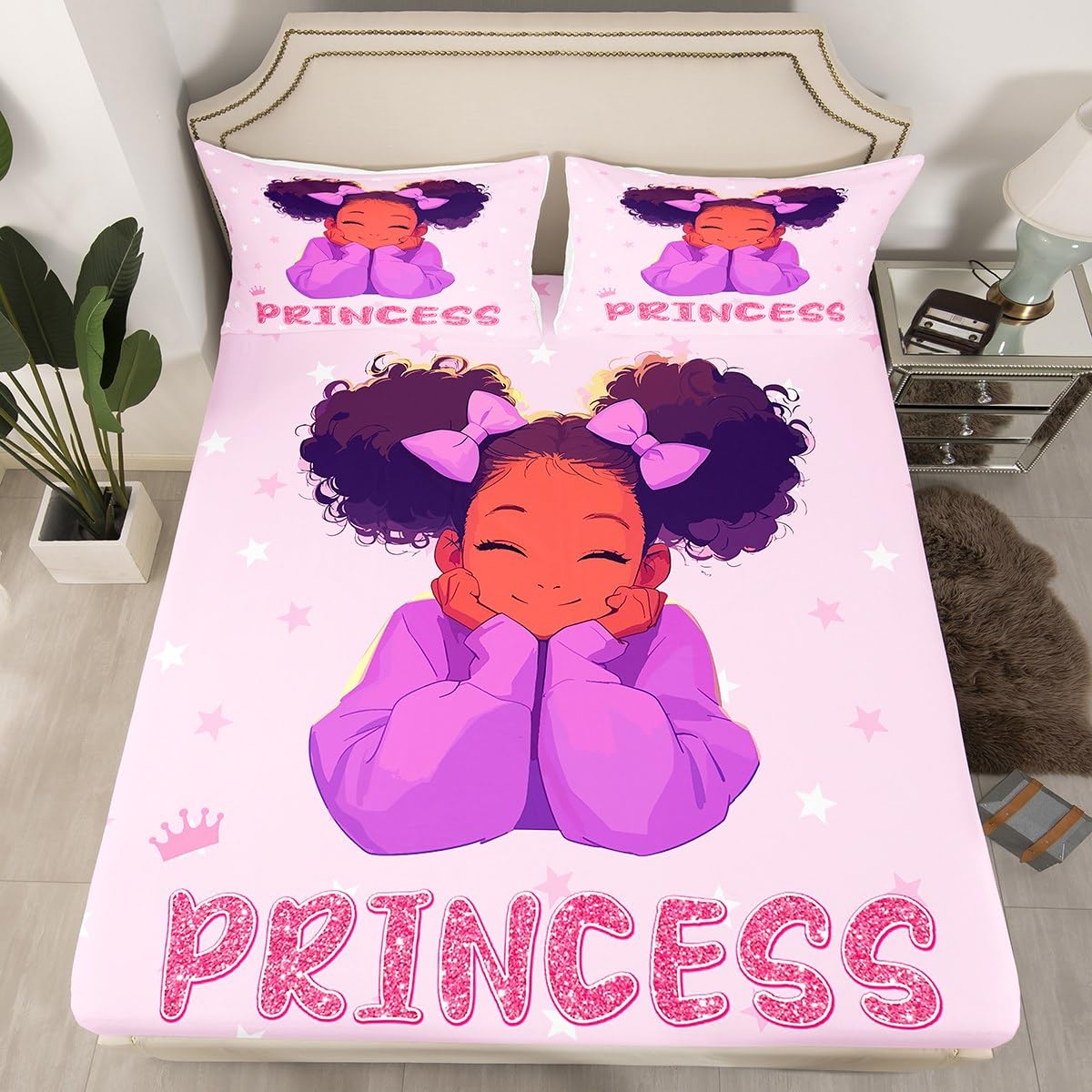 Manfei American Black Girl Fitted Sheet King Size, Cartoon Girly Princess Bedding Set for Kids Girls Room Decor, Pink Crown Stars Print Bed Cover with 2 Pillowcases, Soft Polyester Bedding