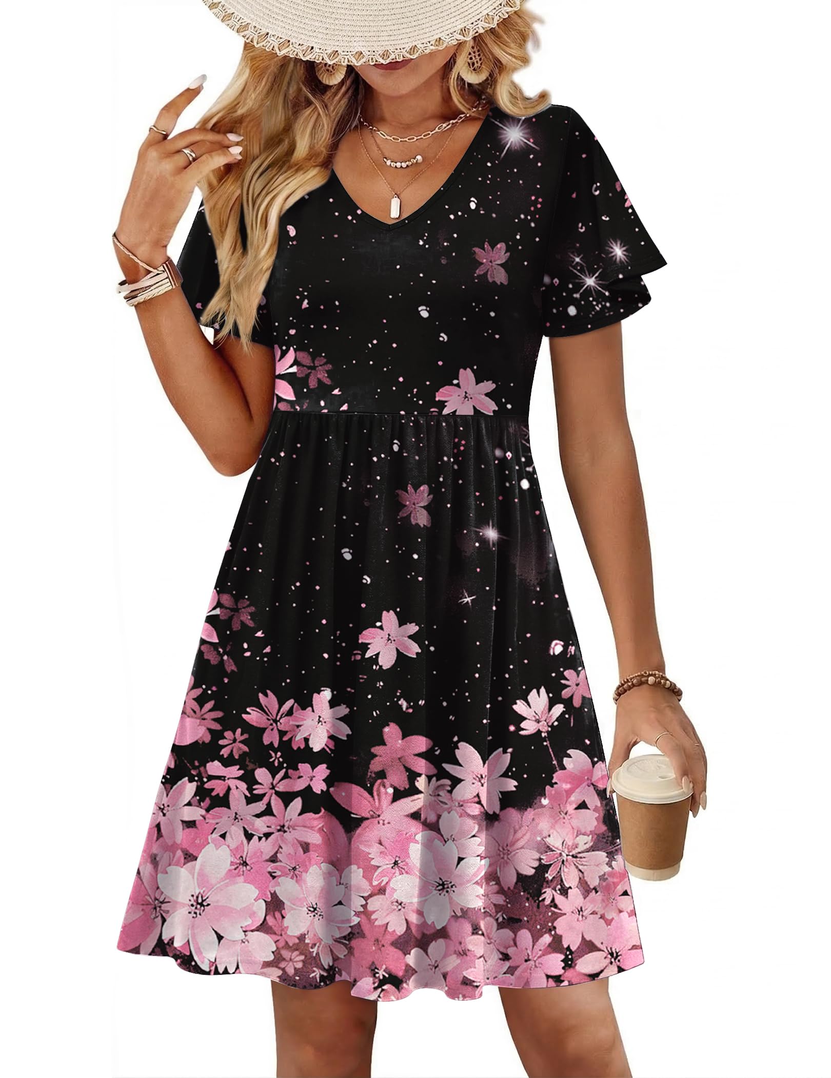 Zeagoo Womens Summer Dress Casual Swing Sundresses Floral Ruffle Short Sleeve Wedding Guest Dress Beach Mini Dress 2026