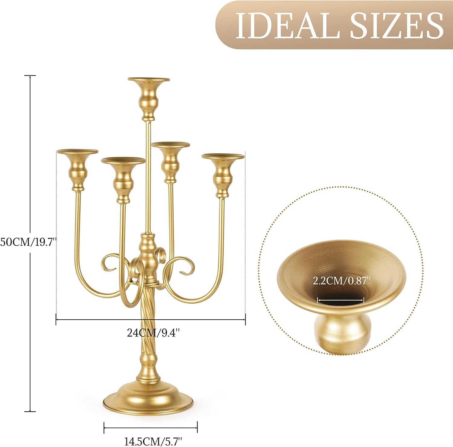 5 Arm Gold Candelabra Centerpiece for Table, Metal Candelabras, Retro Candle Holder Table Centerpieces for Party, Events, Home, Wedding Decor(19.7in)