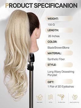 WIGER Ombre Blonde Long Wavy Layered Ponytail Extension 26 Inch Drawstring Ponytail Extension for Women Christmas Pony Tails Hair Extensions for Girls Daily Use