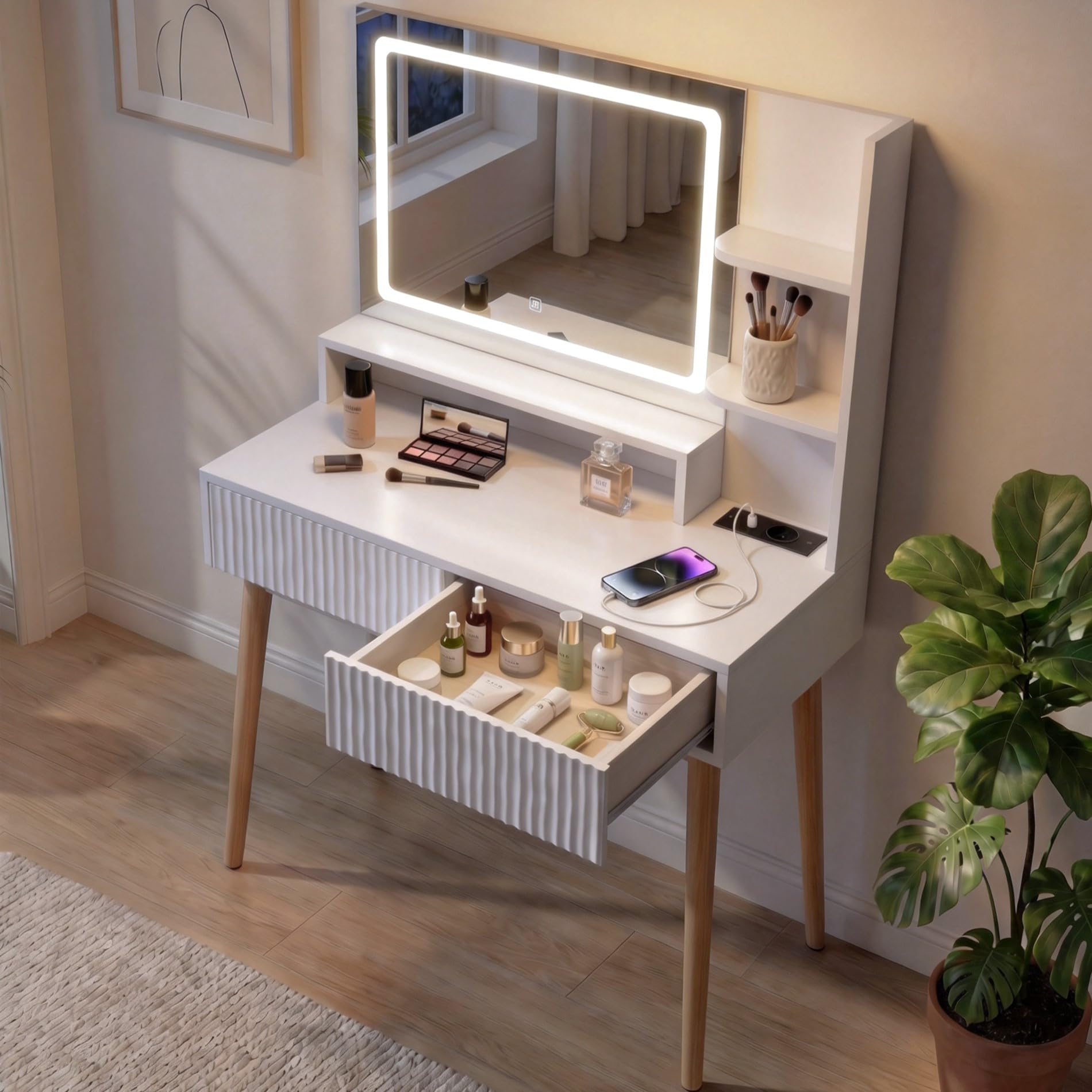 Hawthyhome Weiß Schminktisch mit Beleuchtun und Ladestation, Moderner Frisiertisch mit 2 Riffel-Schubladen und Ablagen, 3 Lichtmodi, Kosmetiktisch mit Massivholzbeinen für Schlafzimmer