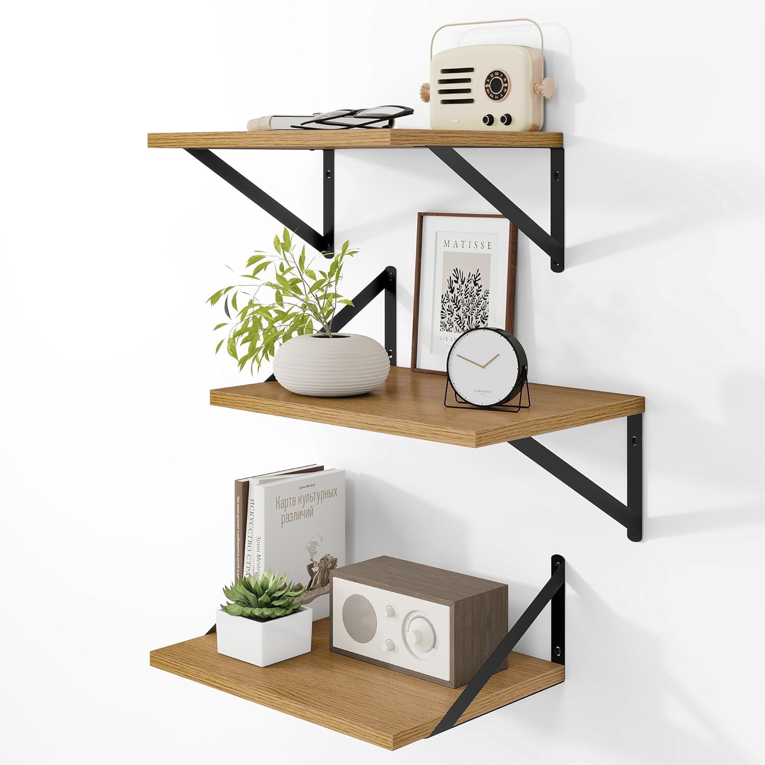 Heimlove Floating Shelves Set of 3, 40cm Oak Wall Shelves with Metal Brackets, Book Shelf 15cm Deep for Living Room, Bedroom, Kitchen, Bathroom, Home Office & Book Storage