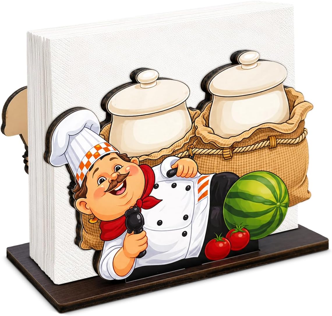 Funny Chef Wooden Napkin Holder for Table Cute Cartoon Chef Wood Napkin Dispenser for Home Kitchen Dining Room Decor Napkins Tissue Holder