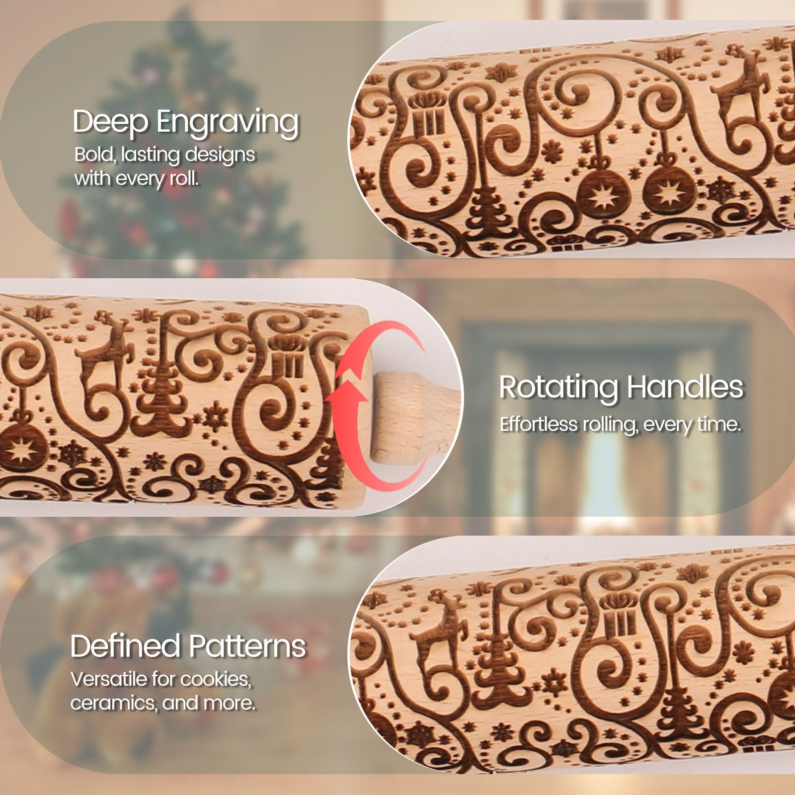 Rodillos de rodillo con diseño de reno floral en relieve para galletas, rodillo de madera grabado para hornear, rodillo de amasar con diseño, rodillo decorativo con patrón de arcilla