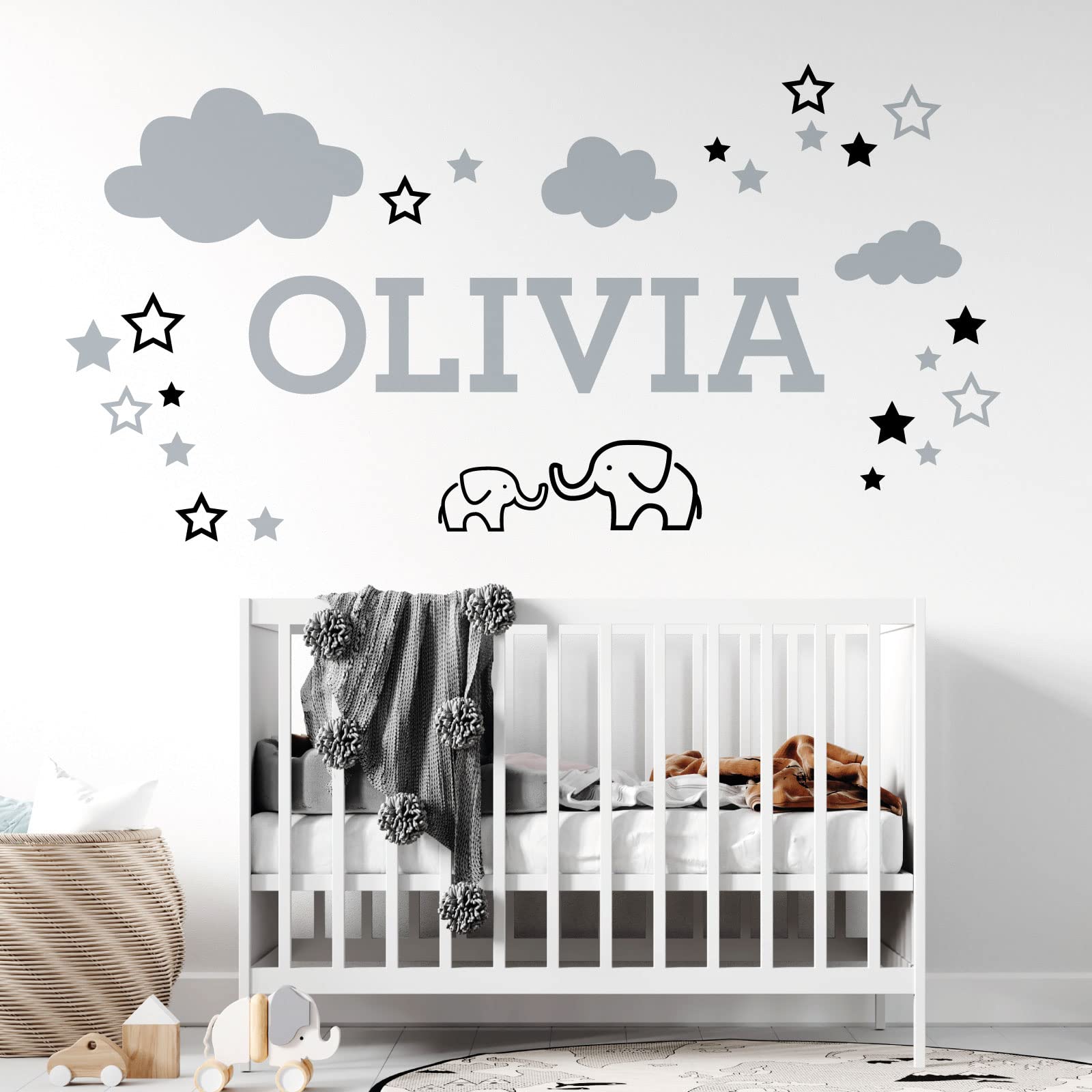 Elephants, Clouds & Stars - Personalised Name Nursery Wall Sticker [Large] [Black] — image 1