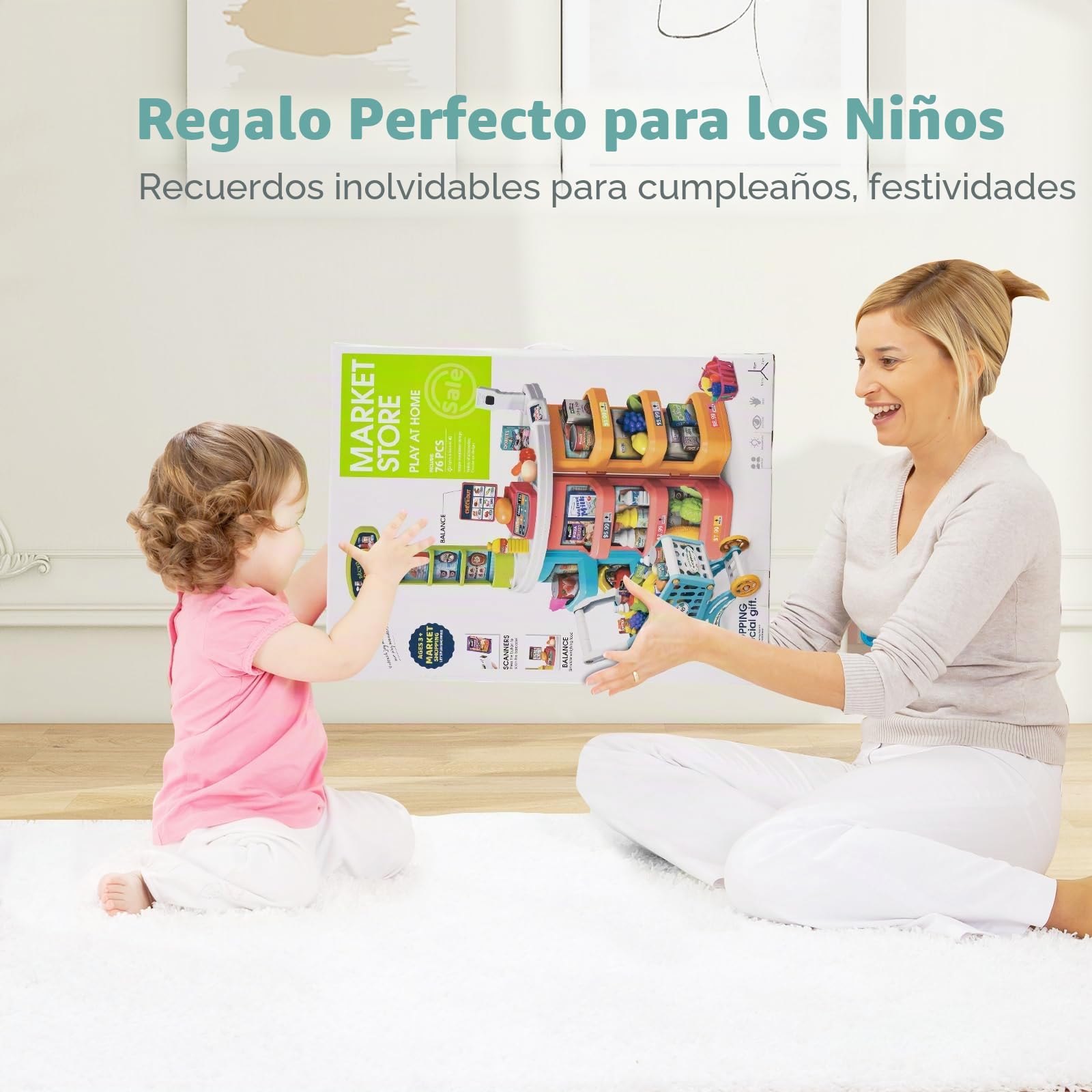RELAX4LIFE Supermercado Juguete Infantil con Luz, Sonido, Carrito Compra, Cesta y 29 Accesorios, Caja Registradora Juguetes con Escáner, Supermercado de Madera para Niños de 3+ Años (Multicolor)
