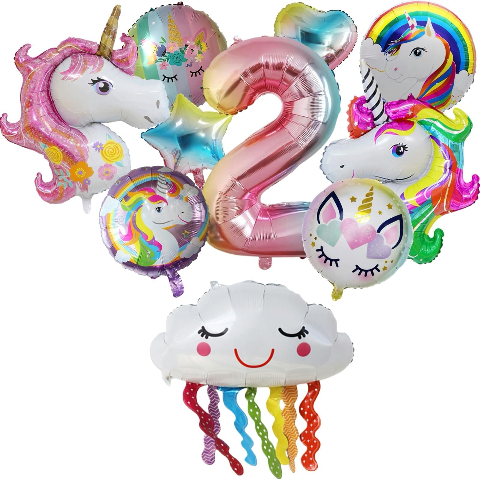 11 PCS 32in Birthday Number Unicorn Balloons, Unicorn Birthday Party Decor for 6th Girls, Foil Balloons Set Macaron and Rainbow Balloon for Wedding Anniversary Baby Shower Party Supplie (Number 2)