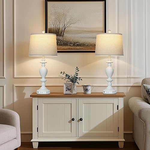 Miniatura 2 de Juego de 2 lámparas de mesa blancas de 28 pulgadas con puertos USB C+A y salida de CA para sala de estar vintage, dormitorio rústico, lámpara táctil