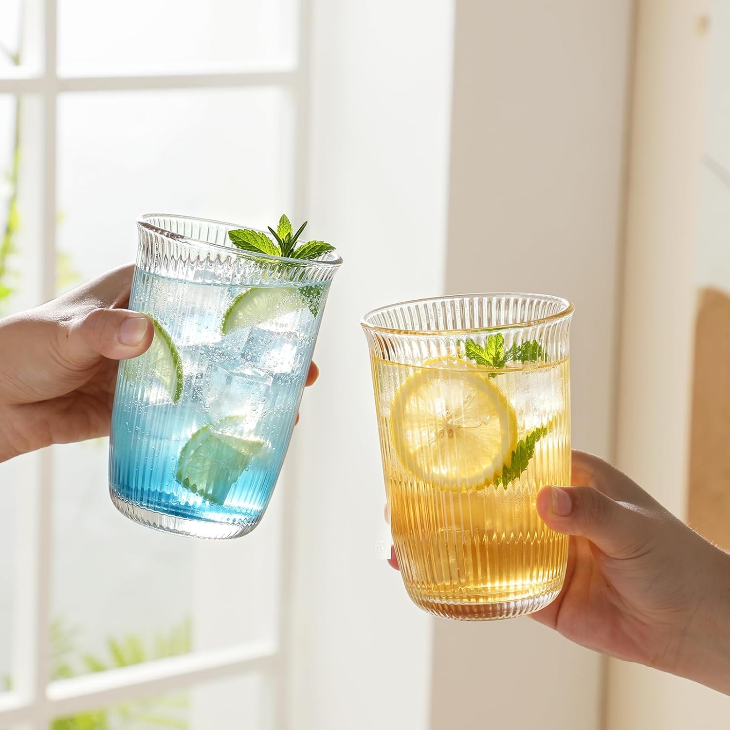 Glass Iced Coffee Cups with Straw and Brush Set of 4，12.8 oz Drinking Glasses,Ribbed Glasses,Matcha Glass Cups Set for 4