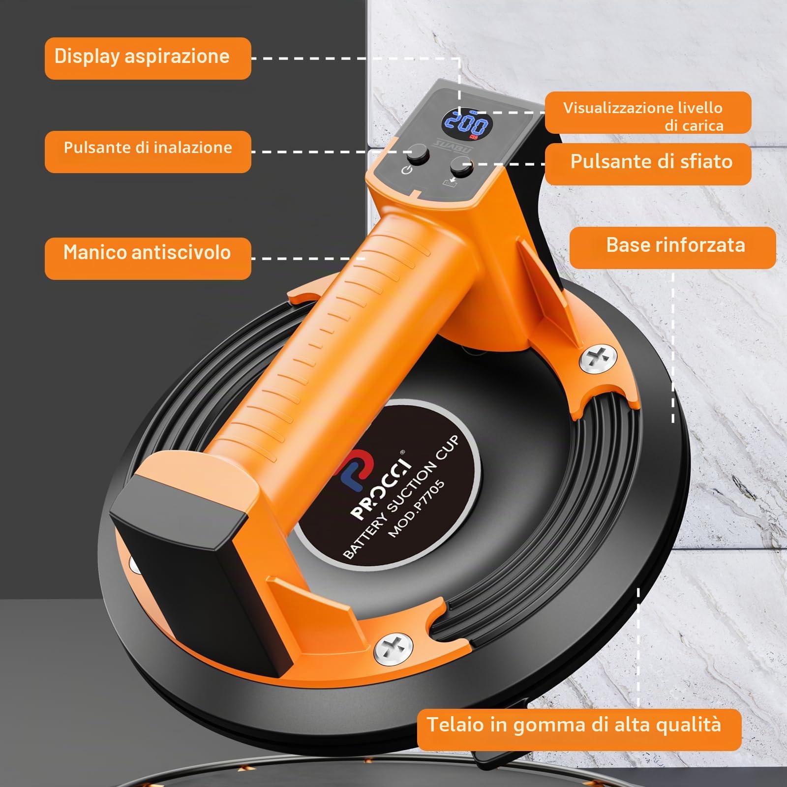 Ventosa a Batteria per Superfici Lisce – 200 KG di Forza di Aspirazione, Display LCD, Batteria 2500 mAh Fino a 7 Ore, Ideale per Piastrelle, Vetro e Marmo