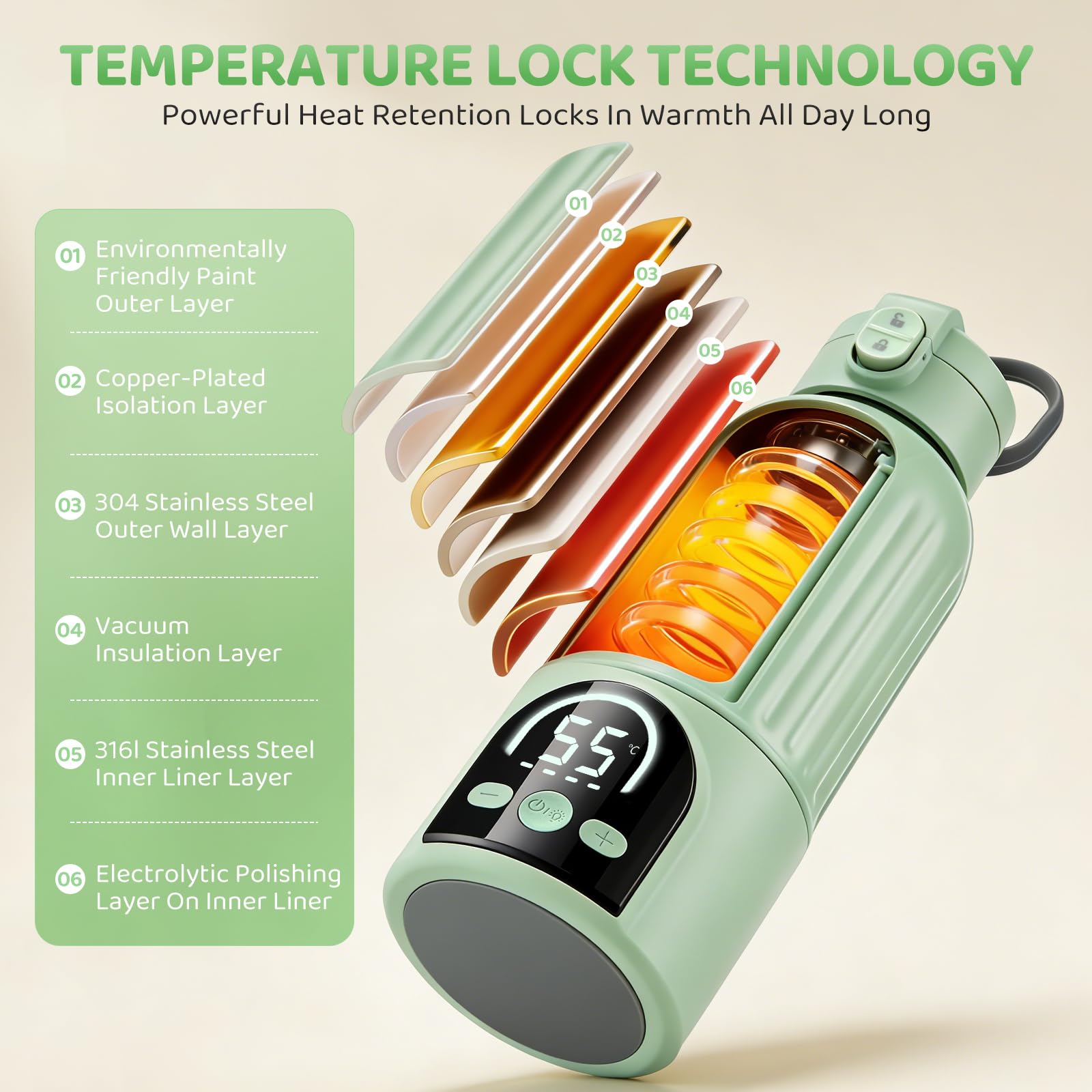 Calentador de biberones portátil 500 ml, 18000 mAh, 140 W calentamiento rápido y control preciso de temperatura, calentador de leche para llevar leche materna, fórmula y agua, carga USB-C, verde