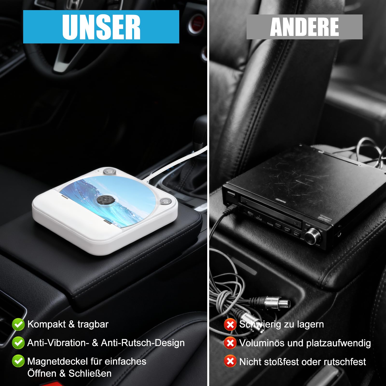 CD Player für Auto,Extern Universal Auto CD Player mit USB-Anschluss, AUX-Anschluss, Extra Controller, Kompatibel mit Laptop, PC, Fernseher, CD Laufwerk kompatibel mit Android Autoradio (Weiß)