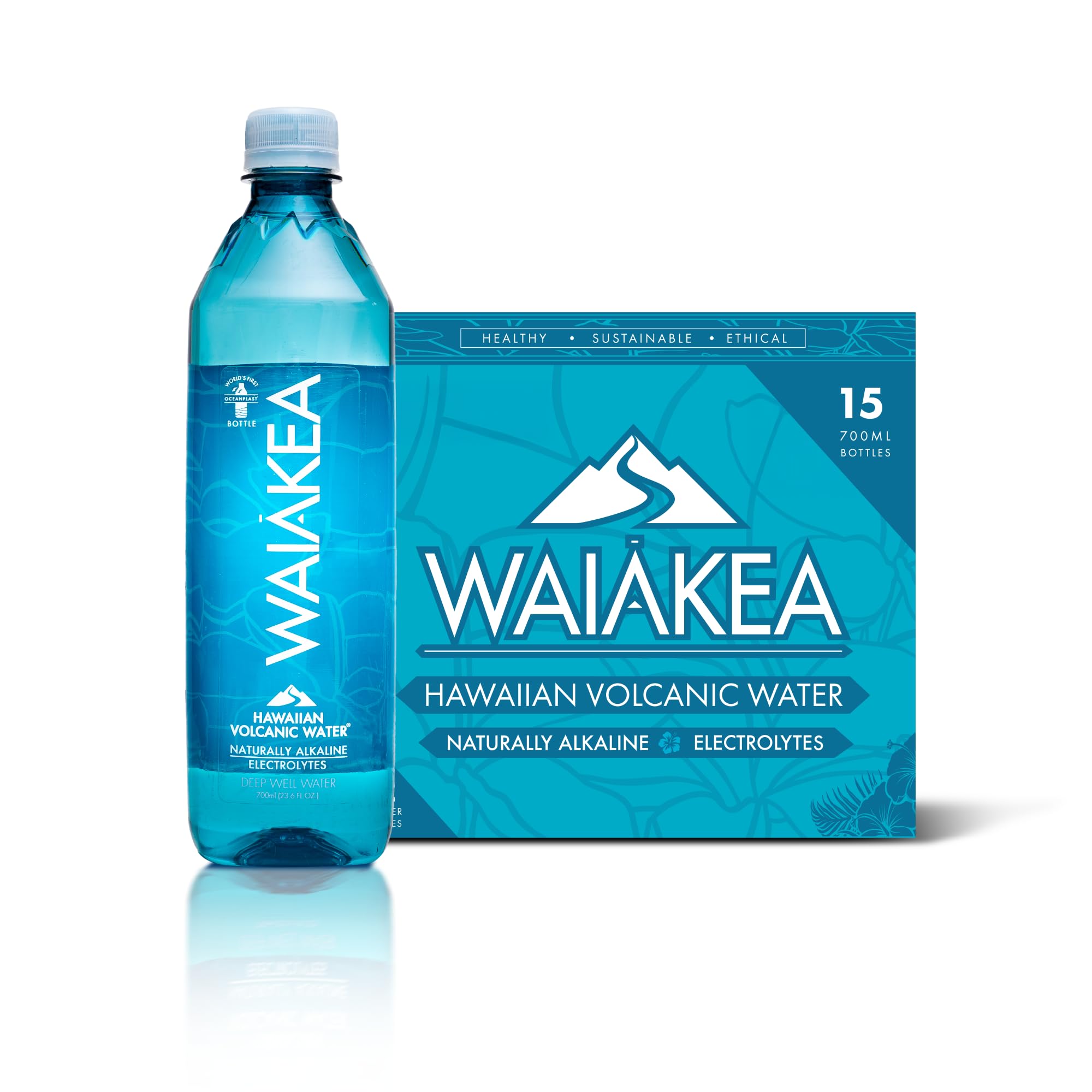 Waiākea - Hawaiian Volcanic Water - Naturally Alkaline Water - pH Range 7.6 to 8.2 - All Natural Minerals & Electrolytes - 100% Recycled Water Bottles - Bottled Water 15 Pack - 23.7 Fl Oz, 700 mL