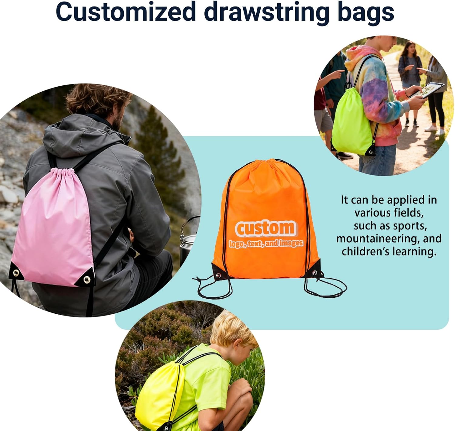 Custom Drawstring Backpacks 10/50/100/200Pack - Bulk Pack with Your Logo & Text, Gym, Travel & Everyday Use