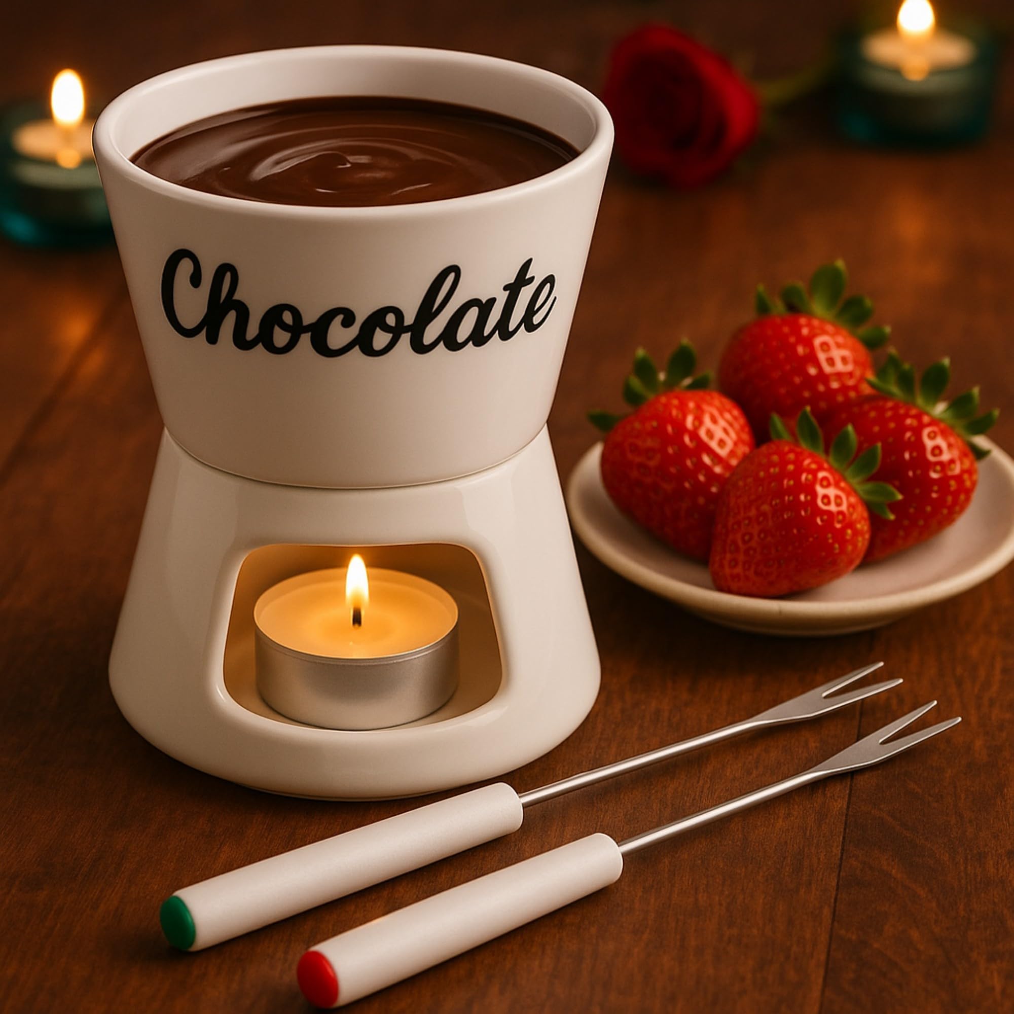 MIJOMA Set per fonduta di cioccolato, con 2 forchette per fonduta di cioccolato, Ø ca. 12 x 15 cm, colore: Bianco