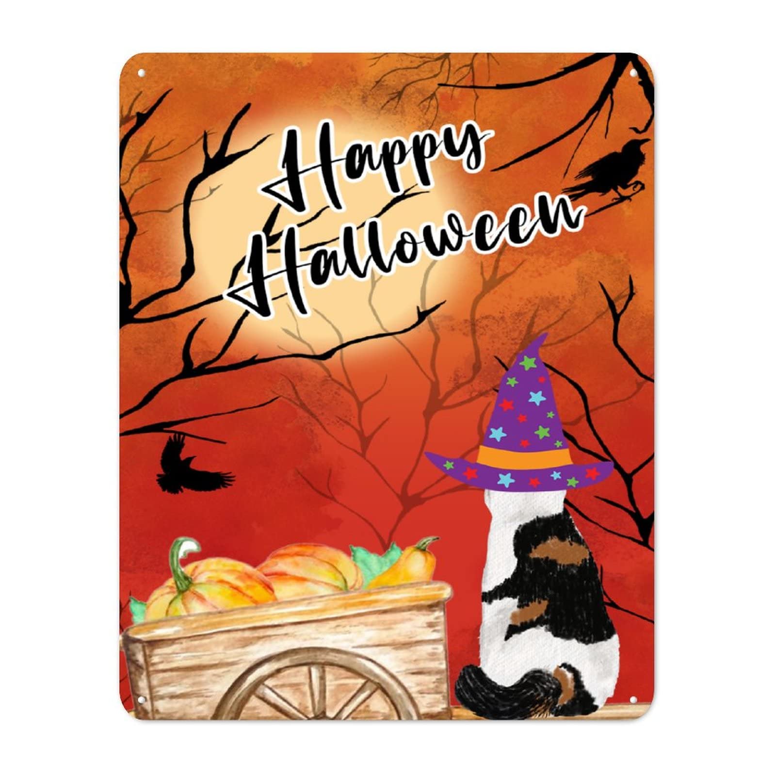 Plaque en étain Happy Halloween sorcière et chat noir déco murale métal 30x40 cm